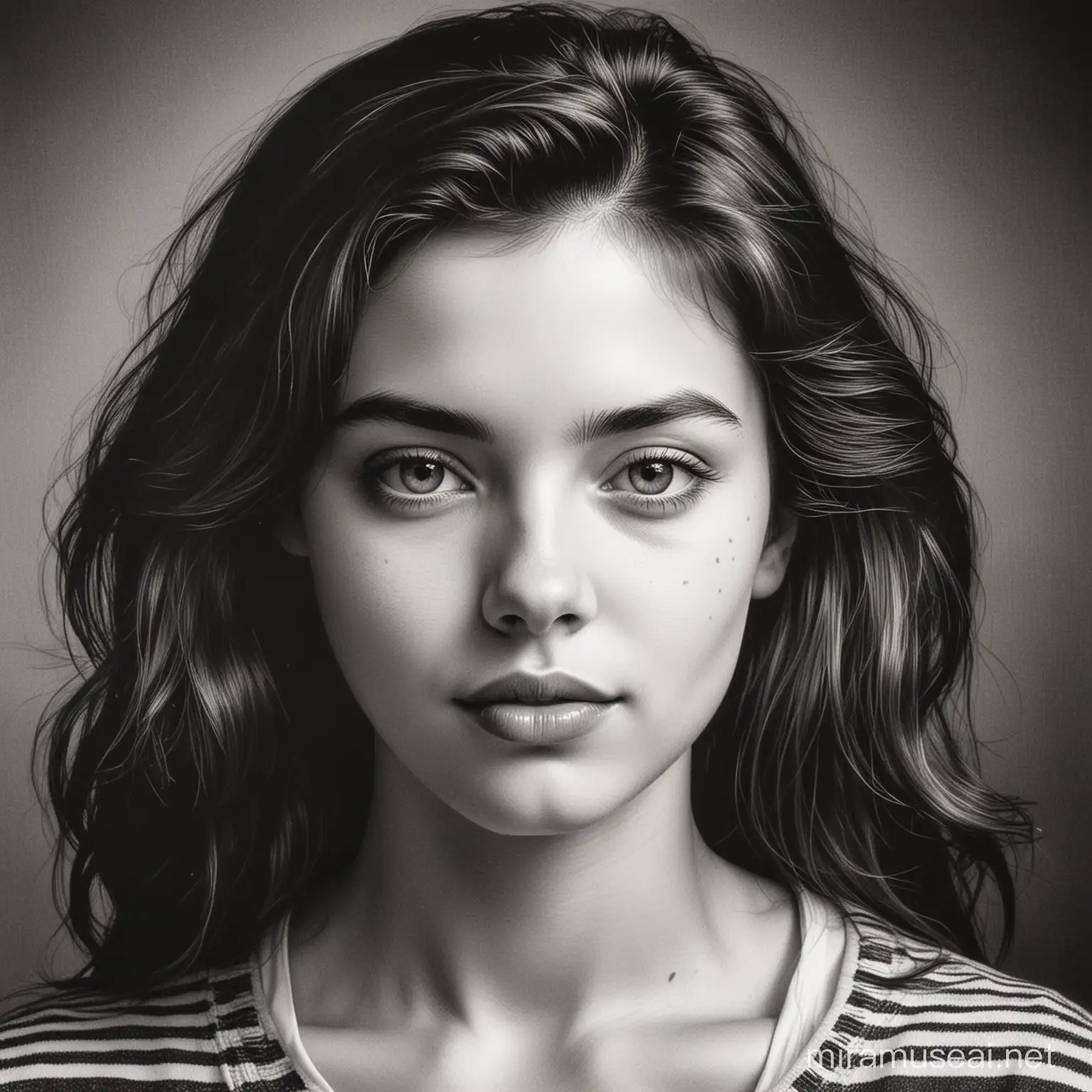 Beautiful Girl, Black and White Lithography Portrait