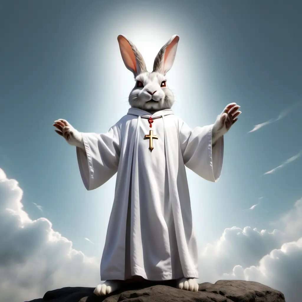 реалистичный агрессивный кролик священник   с белыми поднятыми к небу лапками в белой робе смотрит вверх в полный рост