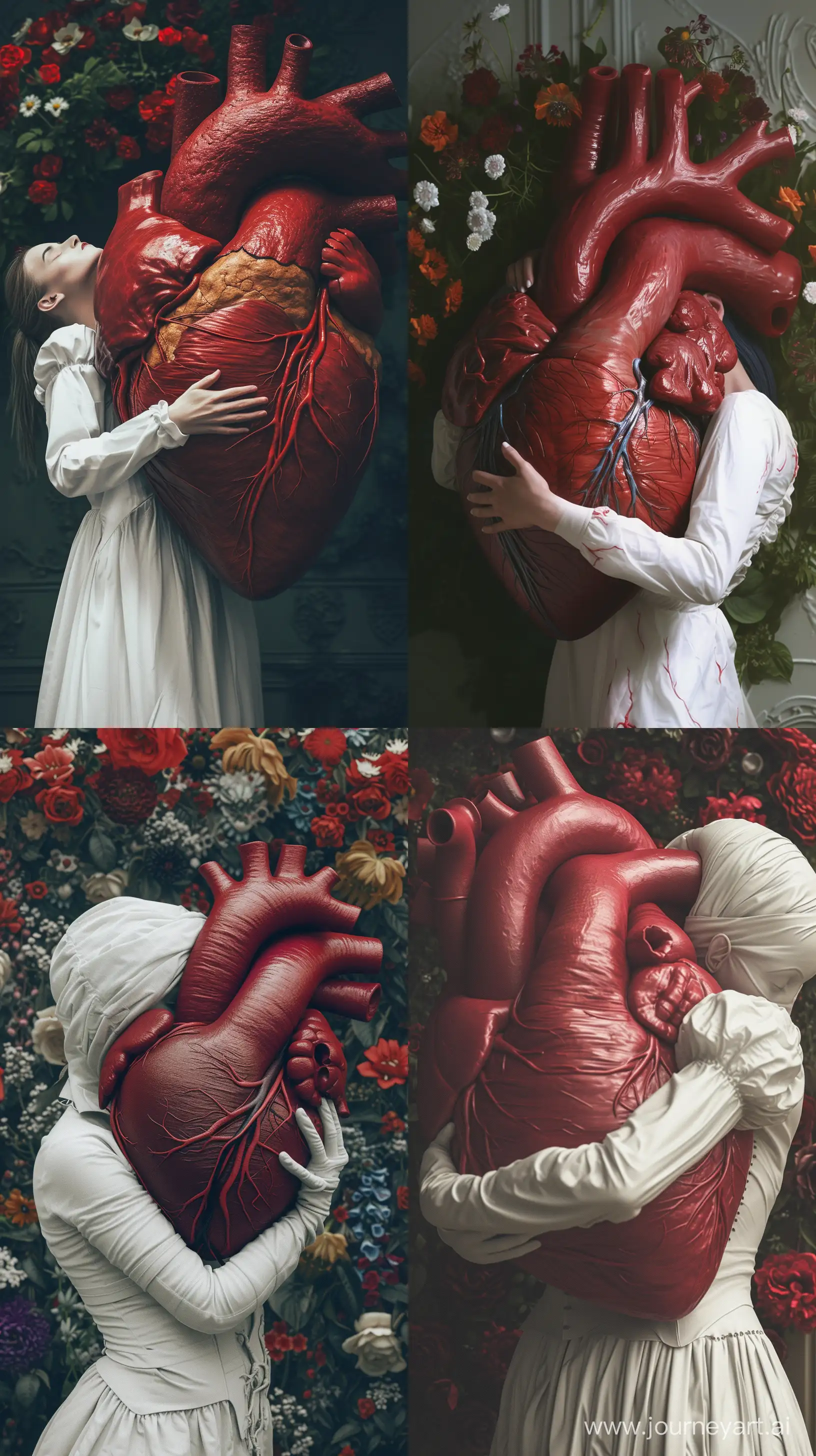 a faceless woman in white hugging with a huge heart, in the style of marco mazzoni, fine attention to anatomy, national geographic photo, dark red heart,flowers on the back wall, aron demetz, detailed character design, medical imaging film. --style raw --v 6.0 --ar 9:16