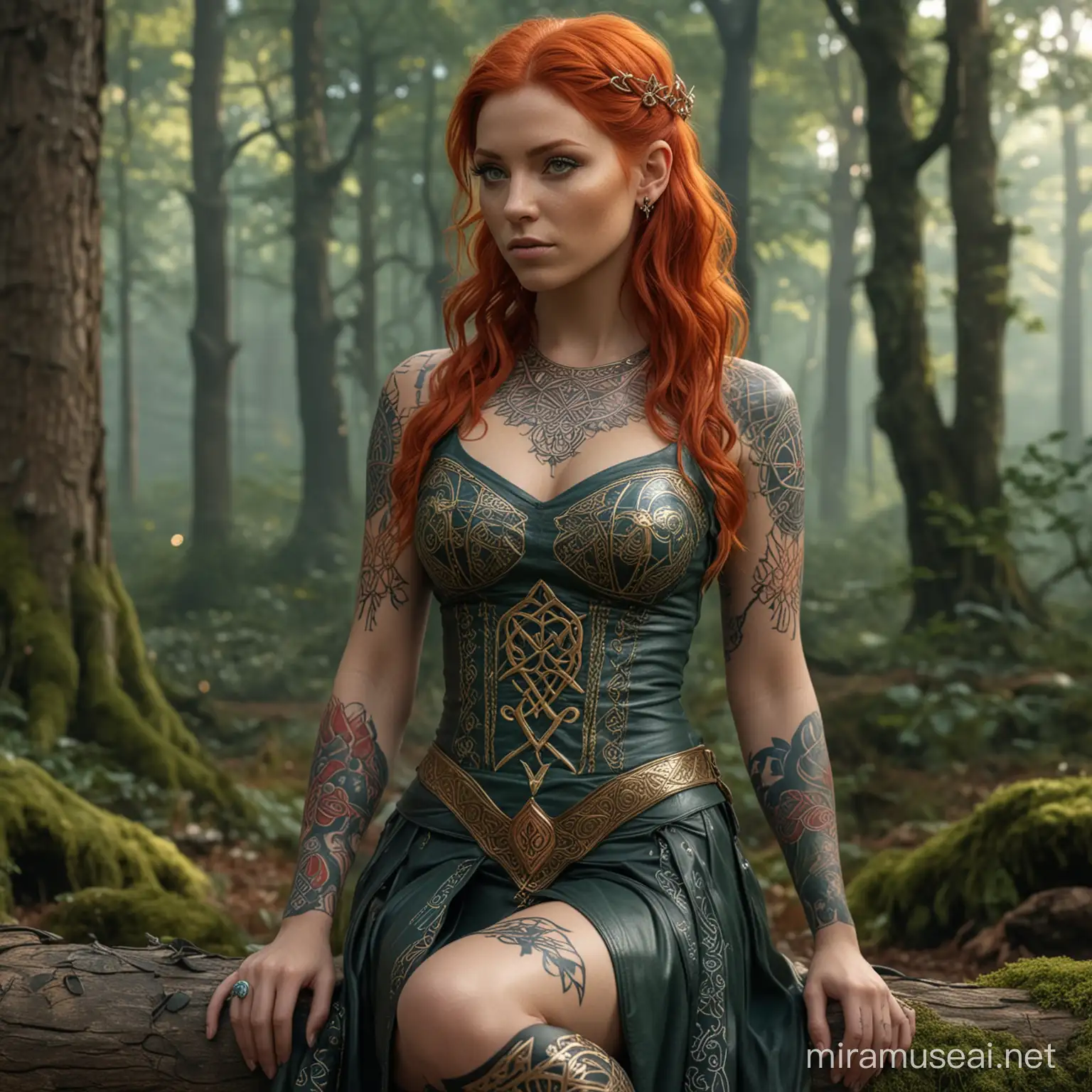 ultrarealistic high detail 4k full body long shot showing an anatomically correct female human with fiery red hair decorated with silver, colourful draconic symbols tattooed on arms, wearing a small green sleeveless open front leather top engraved with celtic runes in gold, with a loose short blue skirt embroided with colourful elven symbols, sitting in a forest