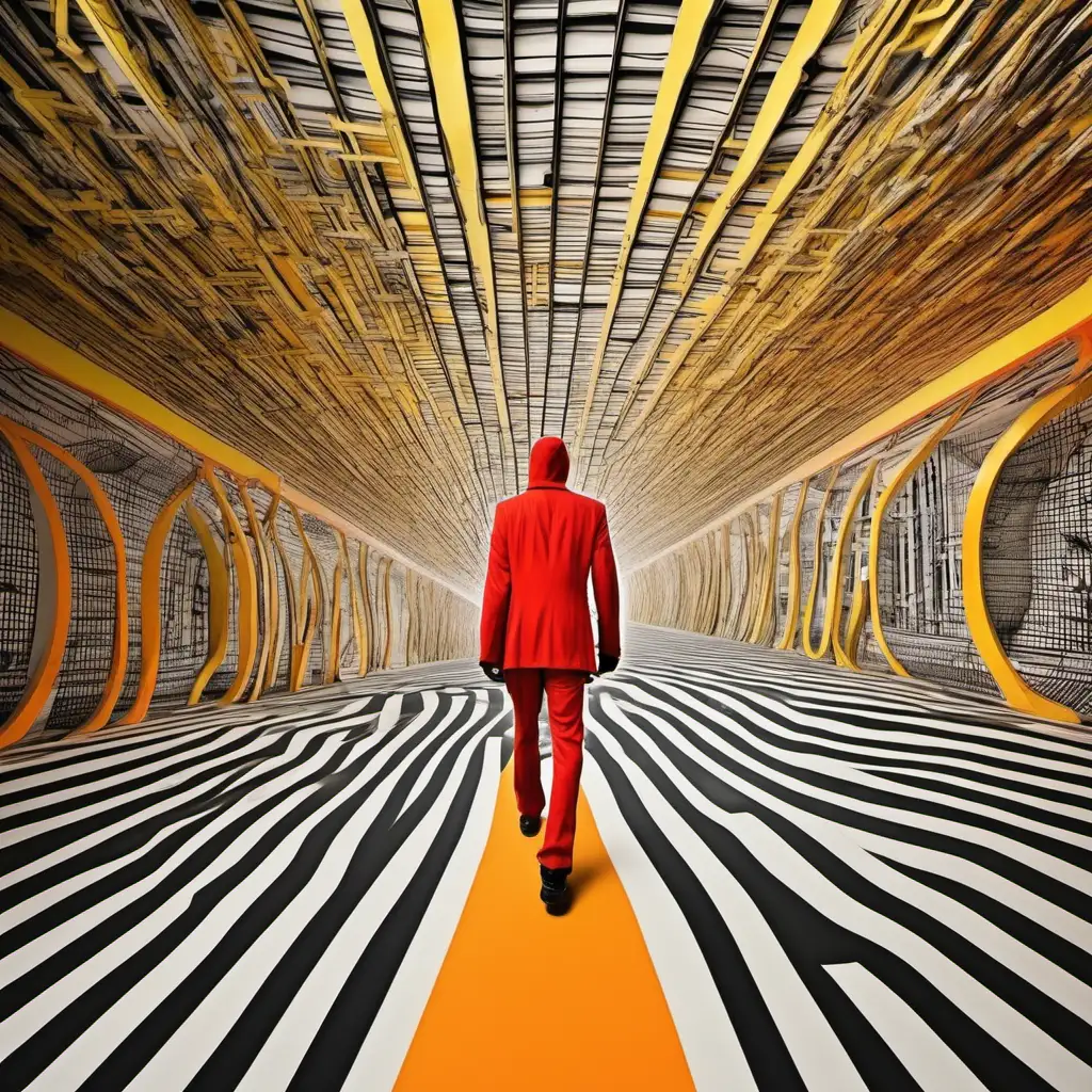 picture, architectural, color orange yellow black white, utopia, man in red is walking in wonderland