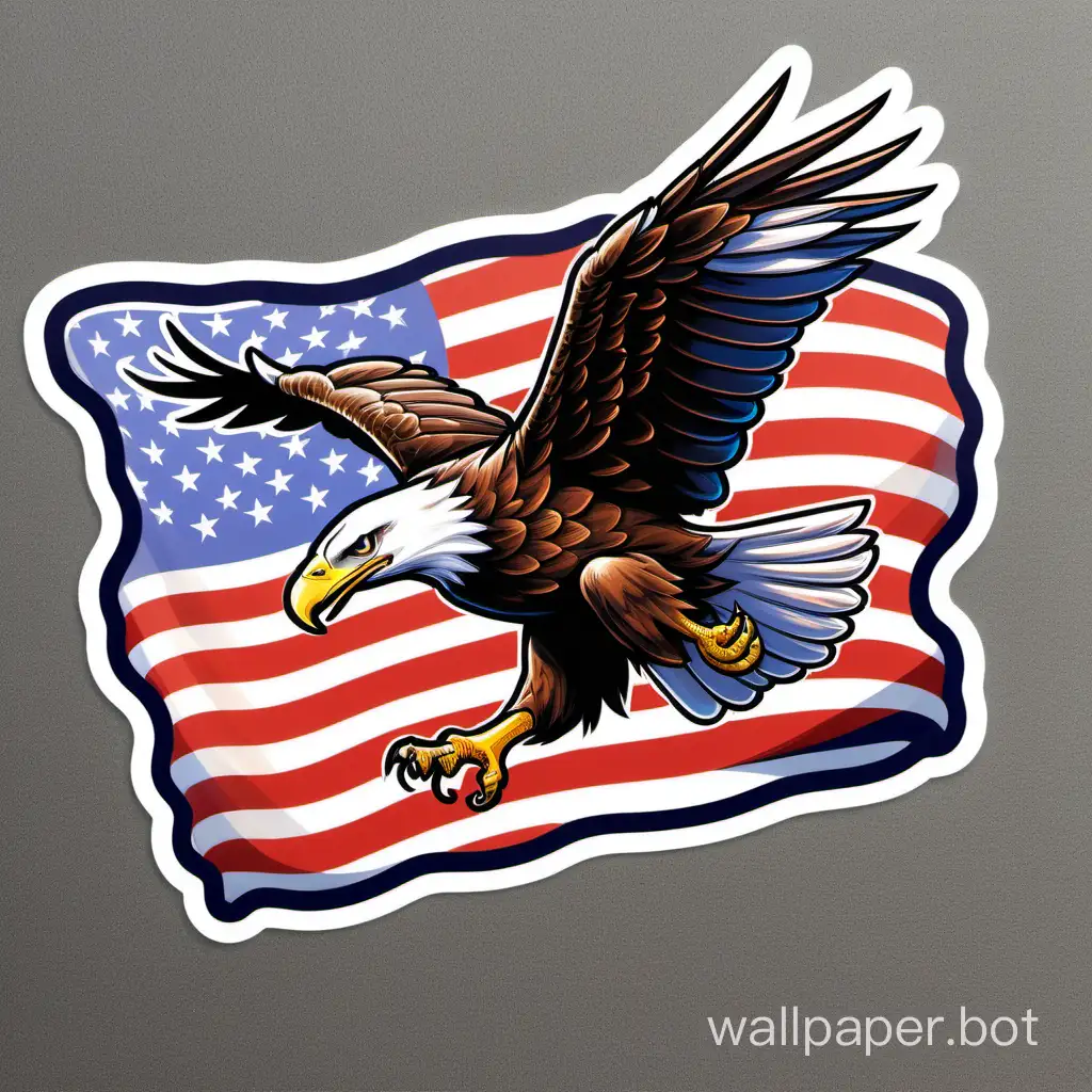 bald eagle flying in front of US flag sticker art