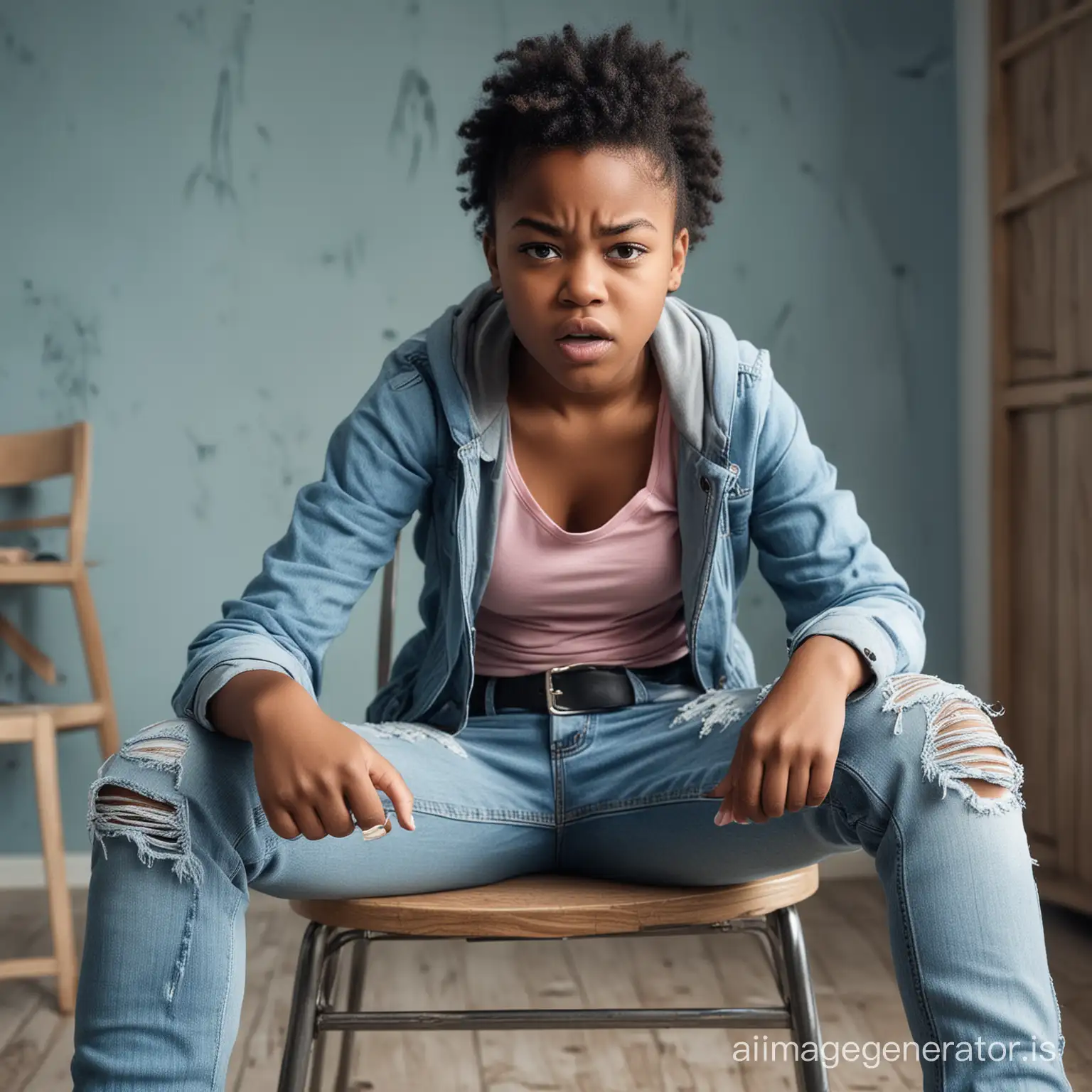 real photo of a curvy young black girl in rage,14 years,sitting on a chair,angry face,ripped blue faded tight jeans with belt,messy children's room,extremely realistic,skin features,scolding severely the viewer