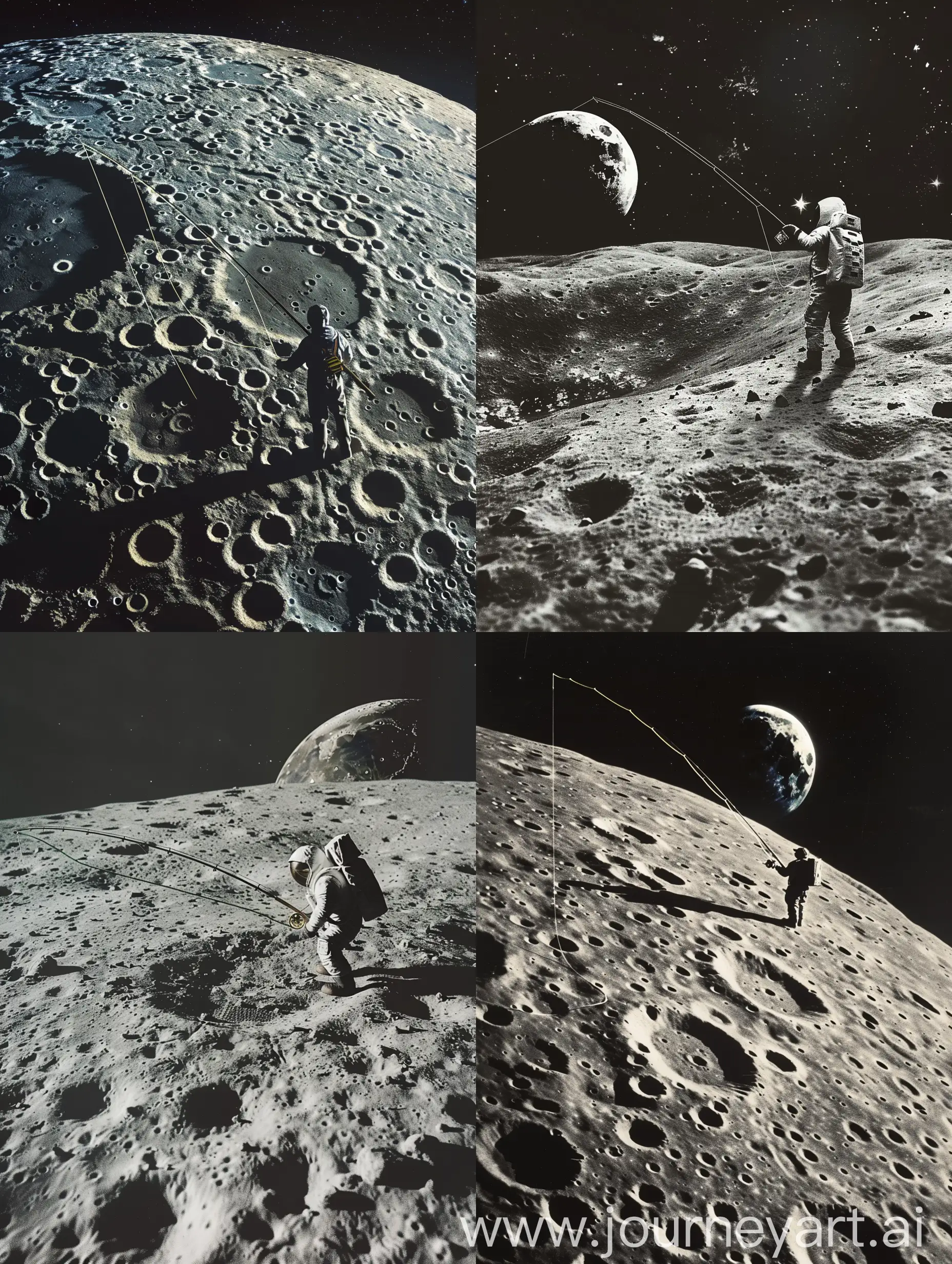 A fisherman is fishing on the moon, the lunar surface