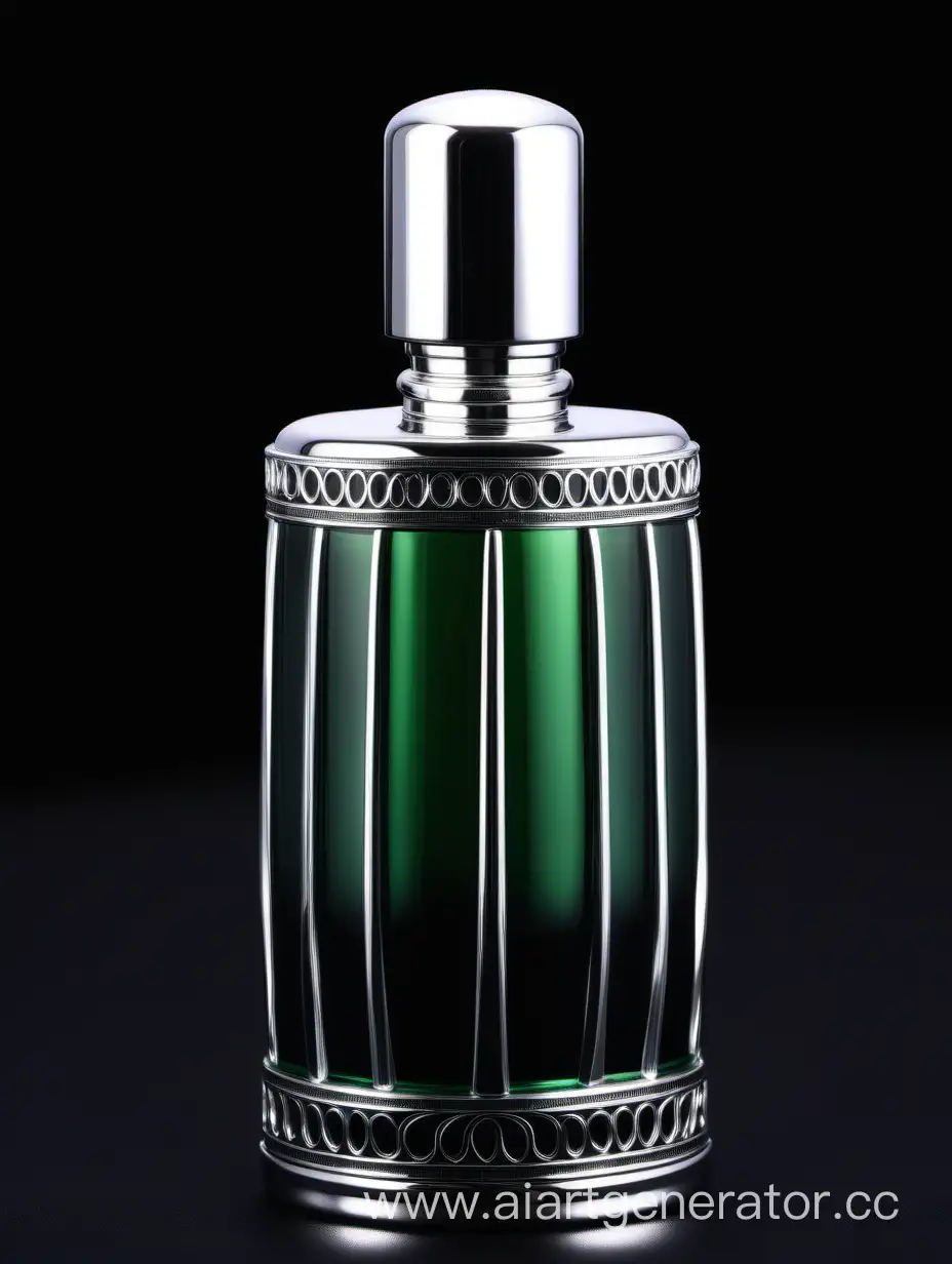 Luxurious-Zamac-Perfume-Bottle-with-Silver-Accents-on-Black-Background