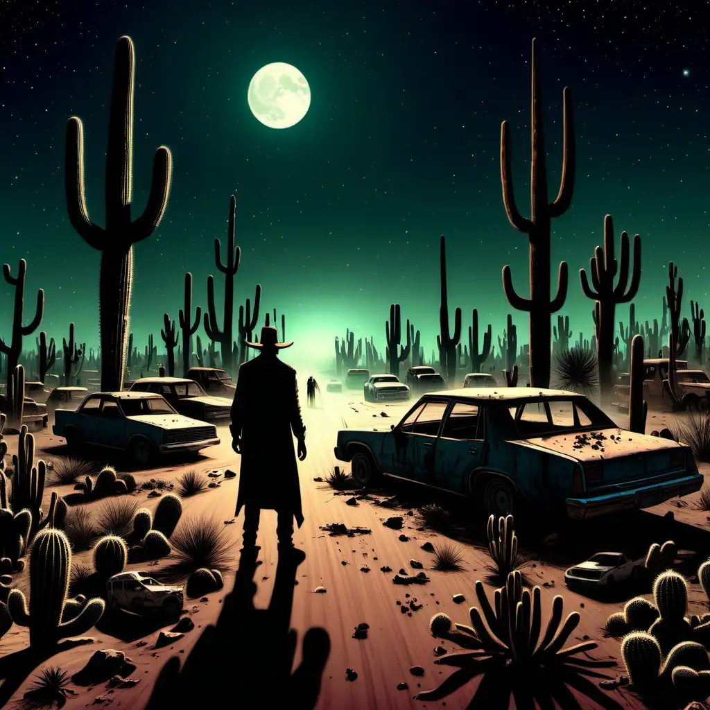 Desolate Nighttime Desert with Scattered Abandoned Cars and a Ghoul