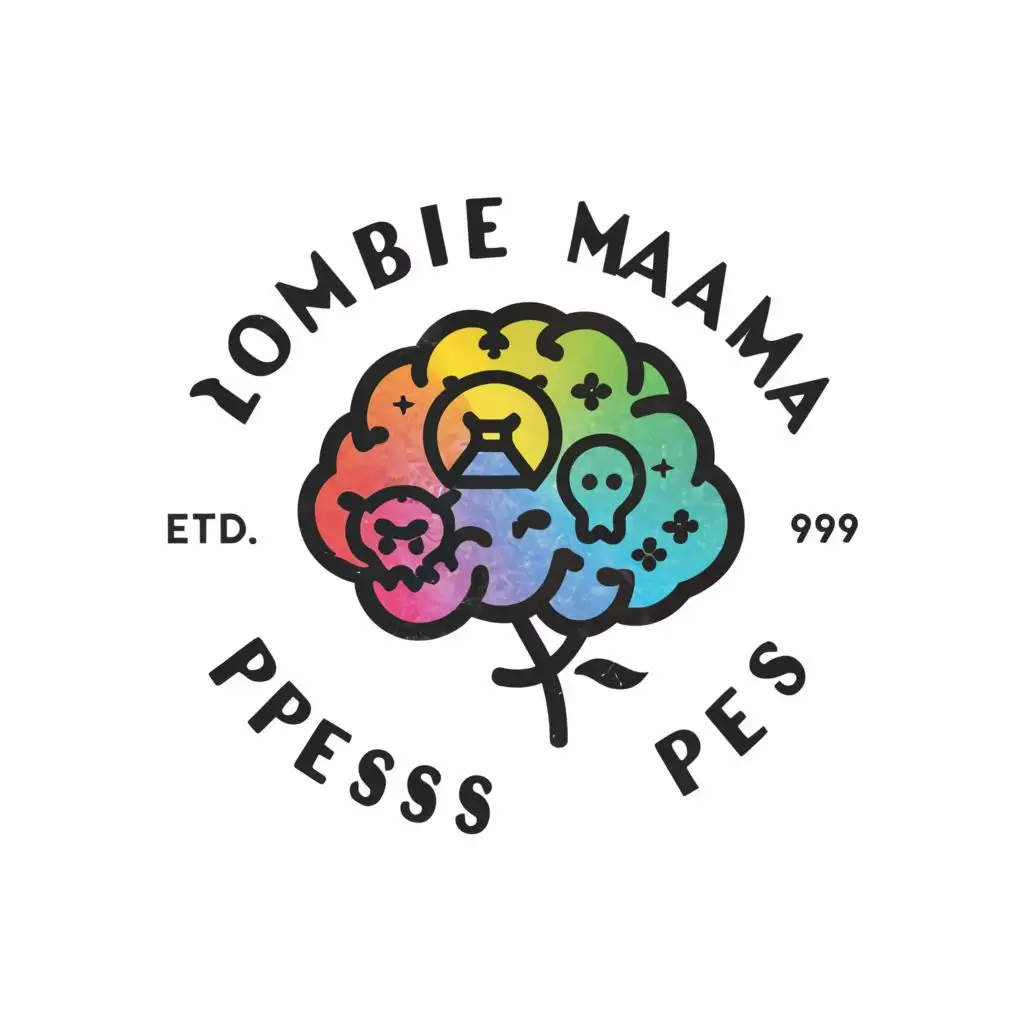 a logo design,with the text "zombie mama press", main symbol:brain, rainbow colors, feminism, cannabis, neurodivergence, mental health, stay weird ,Minimalistic,clear background