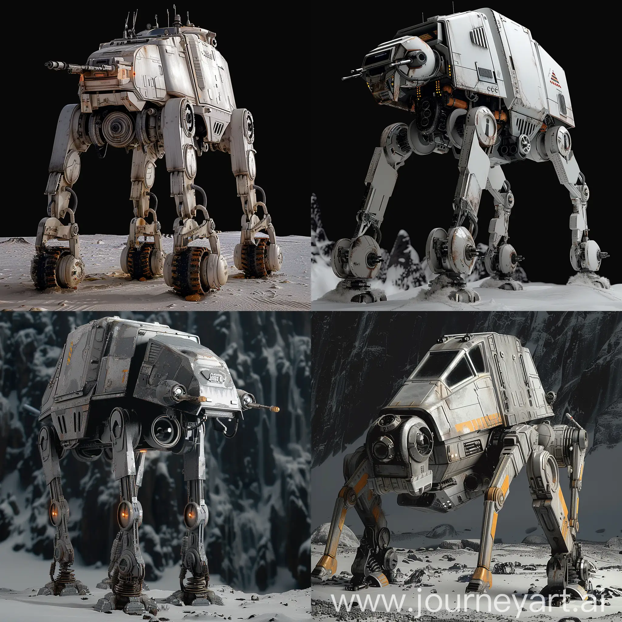 Futuristic Star Wars All Terrain Scout Transport https://static.wikia.nocookie.net/starwars/images/f/ff/ATST-SWBdice.png/revision/latest?cb=20230723050455, Adaptive Camouflage, Energy Shields, Multi-Terrain Locomotion, Self-Repair Systems, Advanced Sensor Suite, Hyperspace Beacon, AI-Assisted Targeting, Sonic Disruptor, Detachable Drone Launchers, Emergency Ejection System, Grappling Claw, Deployable Bridge System, Holographic Disguise Projector, Battlefield Repair Drone, EMP Generator, Cargo Hold, Landing Gear, External Fuel Tanks, Mobile Sensor Buoy Launcher, Covert Operations Package, octane render --stylize 1000