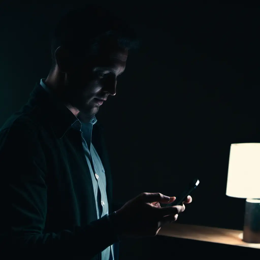 Man Using Smartphone in Dimly Lit Environment