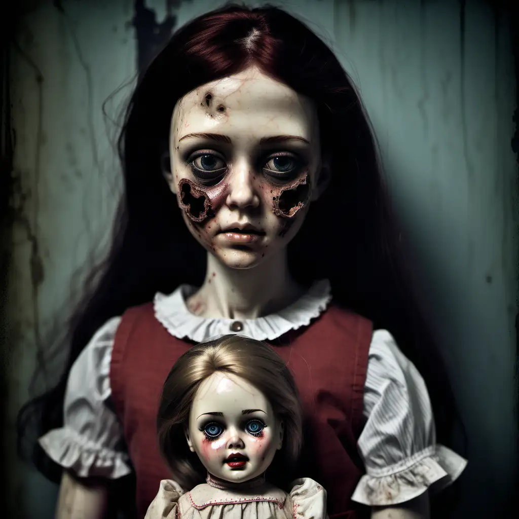 A realistic eerie portrait that is a blend of a realistic mutilated human girl aged between 20 and 45 and a vintage doll that has some tear and wear.