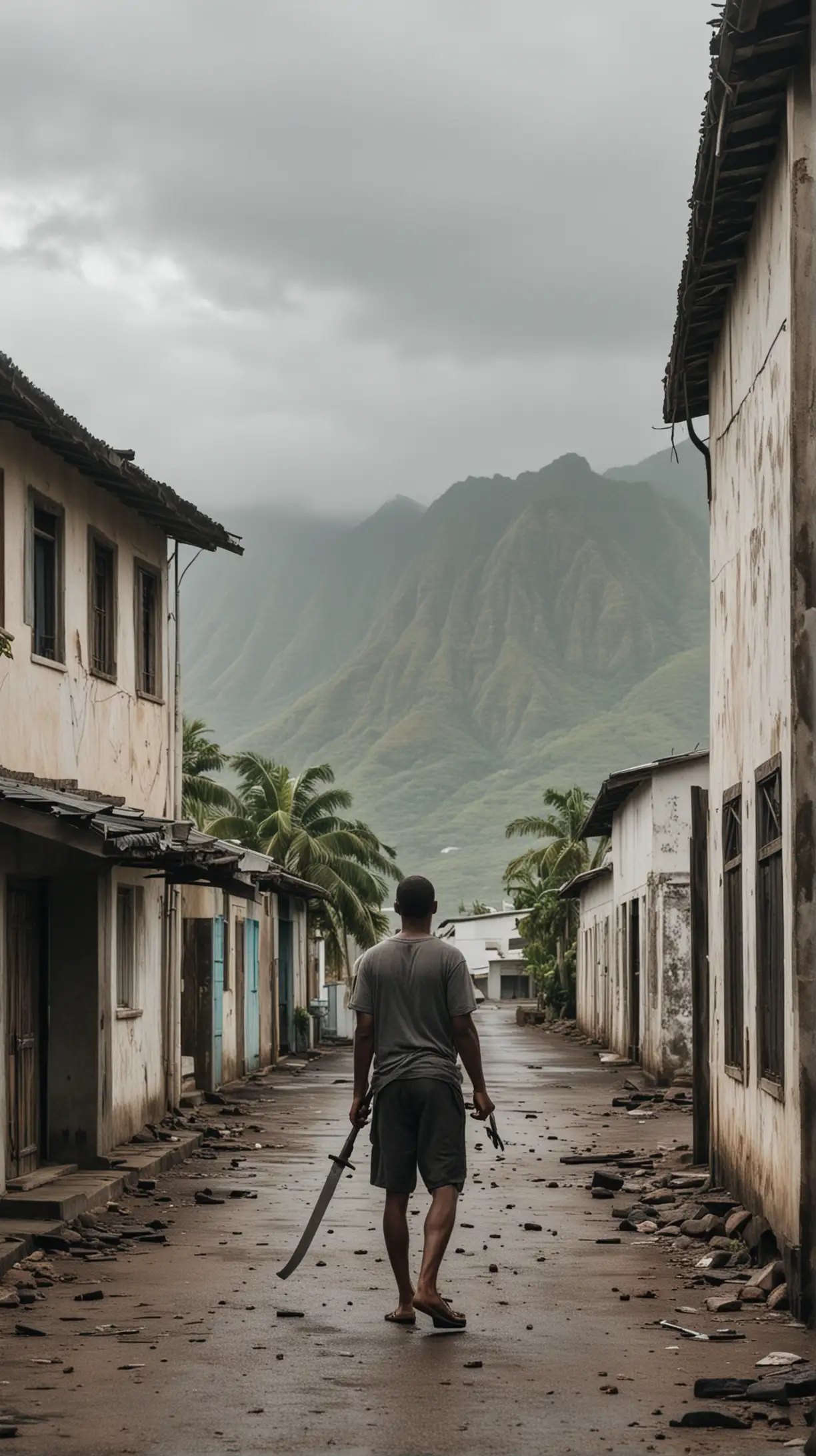 Mysterious Man with Machete Facing Building in Gloomy Reunion Island Scene