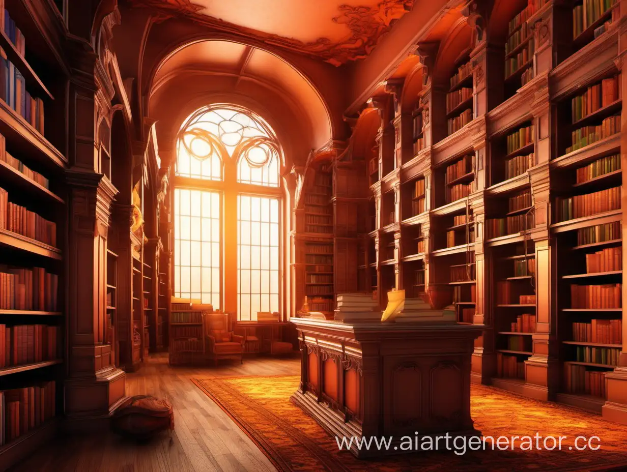интерьер библиотеки высокие полки теплые цвета фэнтези