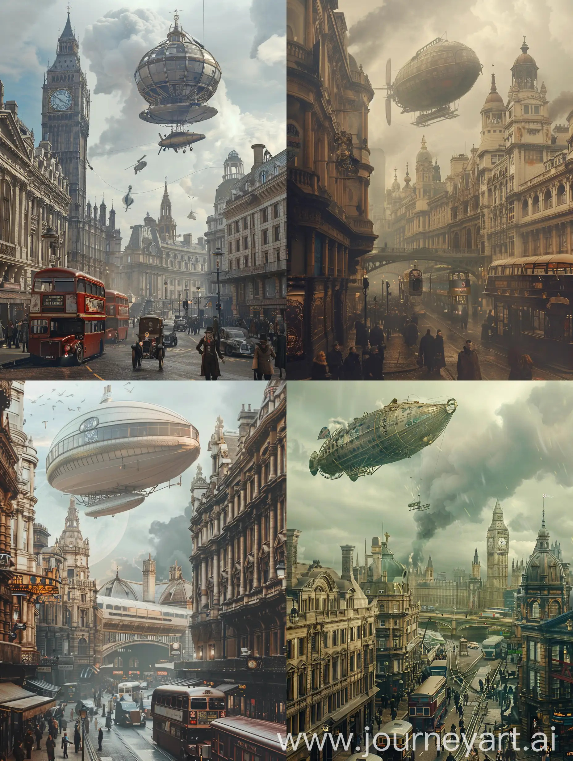A photo of the streets of Steampunk London. In the background is a railway station. In the air is an airship.