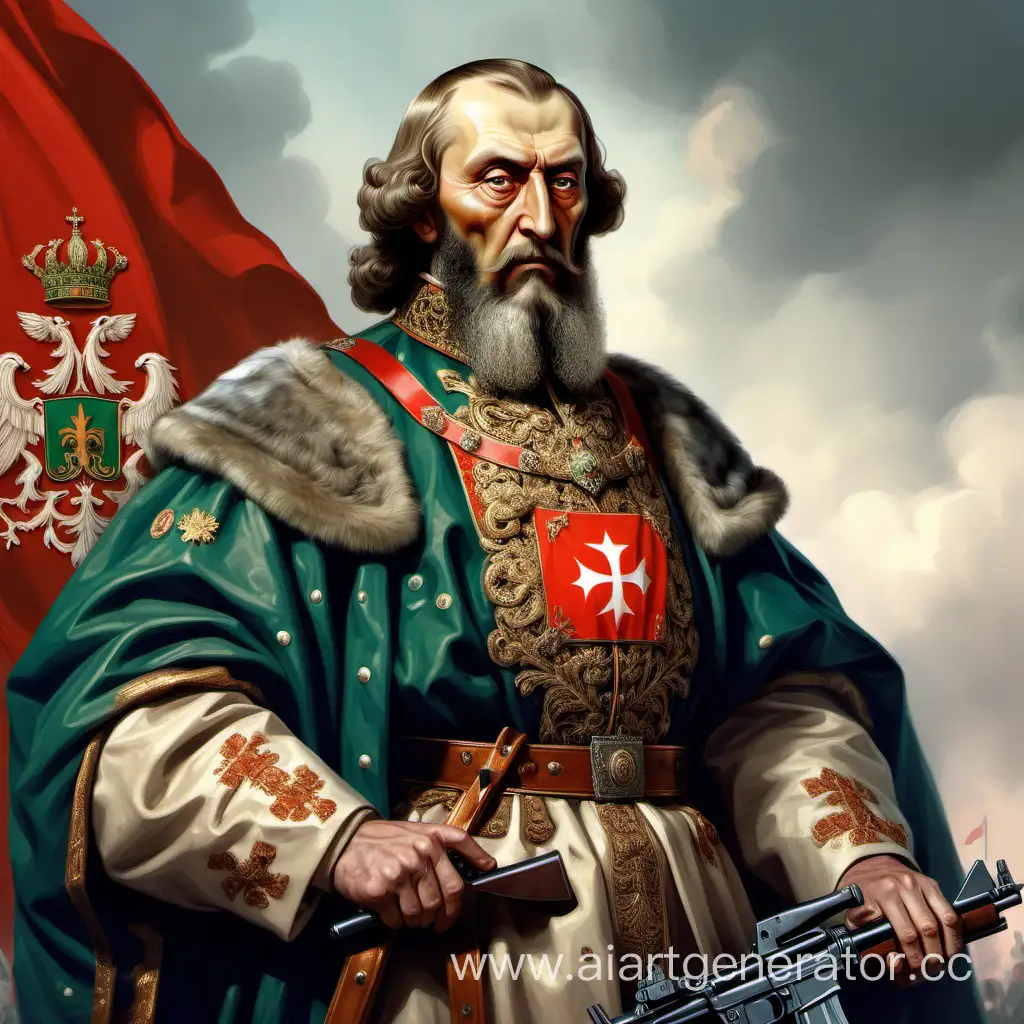 Picture. The formidable European Emperor looks haughtily. He is in a luxurious outfit, and he has a machine gun in his hand. He looks like Ivan the Terrible . The flag of Belarus is on the back