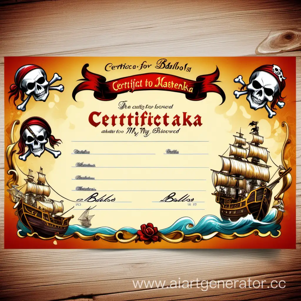 Electronic gift certificate in the style of pirates with the inscriptions "Certificate for bablos to my beloved
Nastenka"