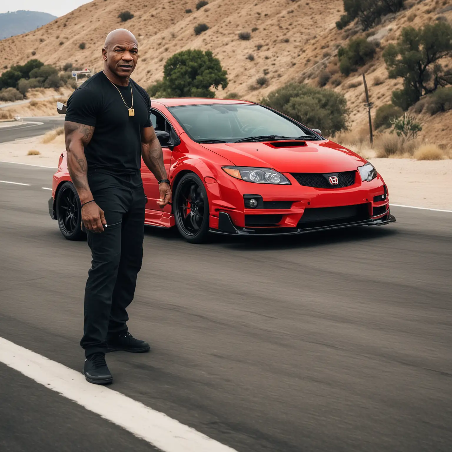 mike tyson driving a honda civic type r has a red color and black rims. on street racing in california highway