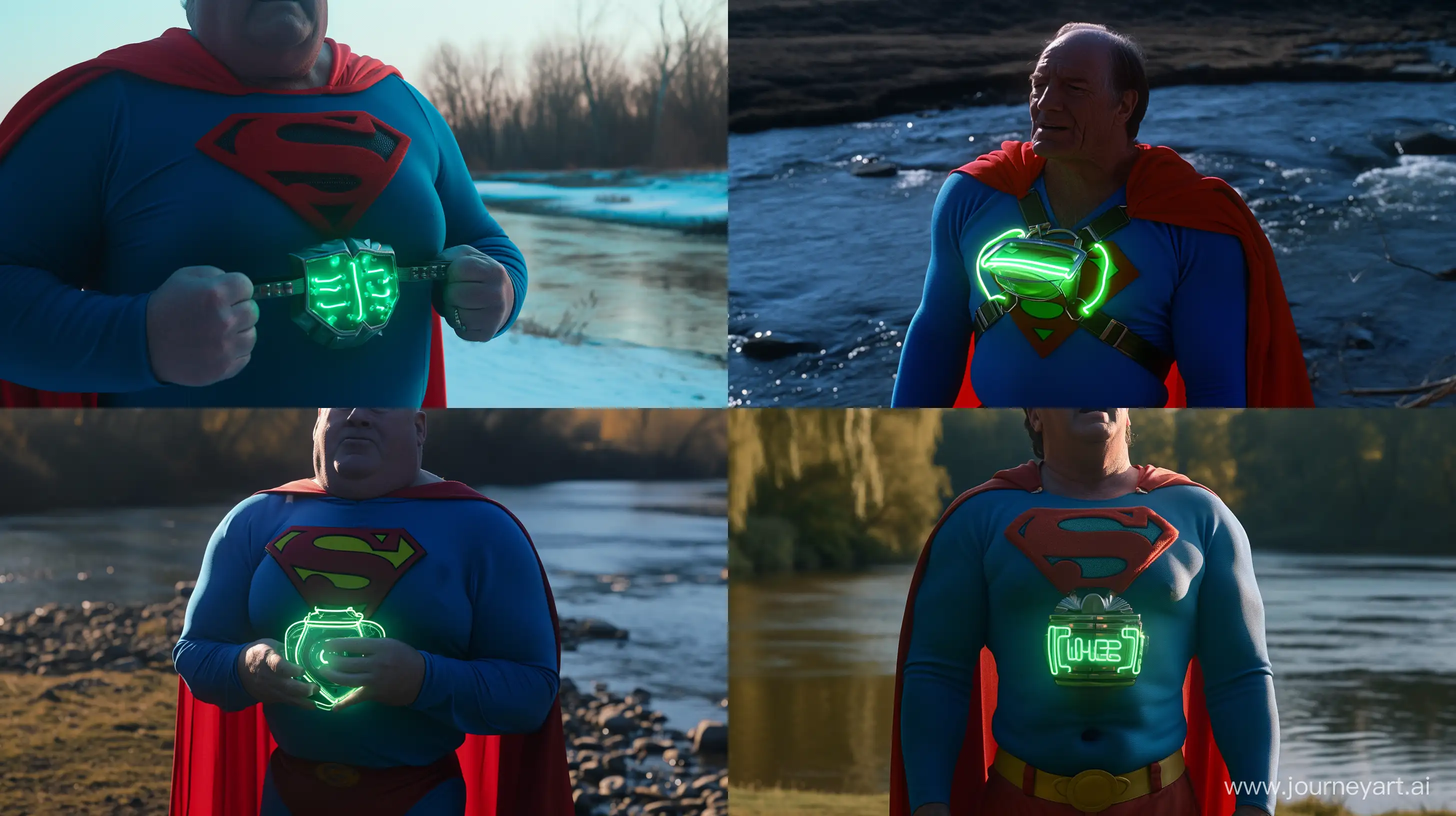Close-up photo of a fat man aged 60 wearing a tight blue 1978 smooth superman costume with a red cape opening a chest containing a green glowing neon dog collar. River. Natural Light. --style raw --ar 16:9