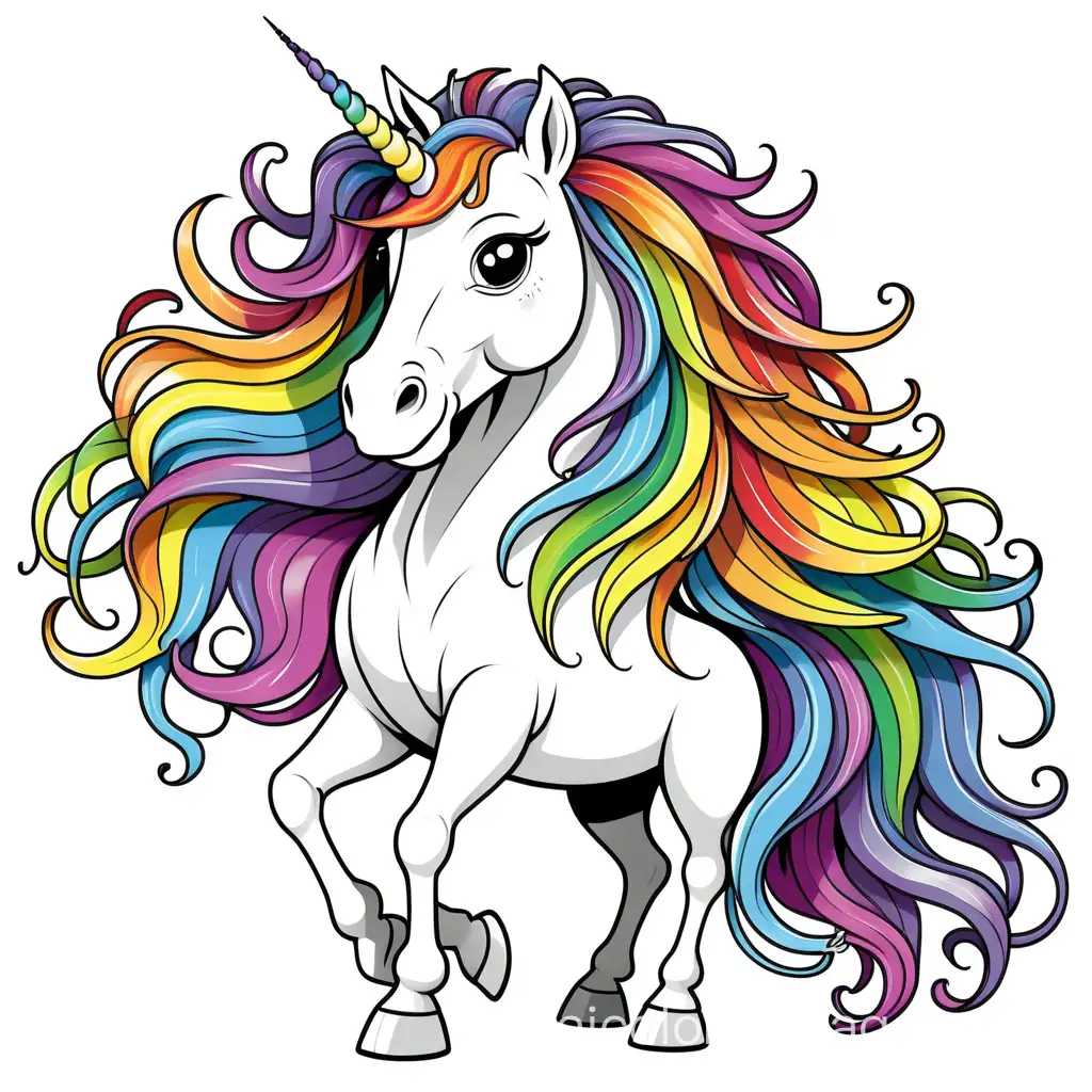 A unicorn with a flowing mane made of rainbow colors, Coloring Page, black and white, line art, white background, Simplicity, Ample White Space. The background of the coloring page is plain white to make it easy for young children to color within the lines. The outlines of all the subjects are easy to distinguish, making it simple for kids to color without too much difficulty