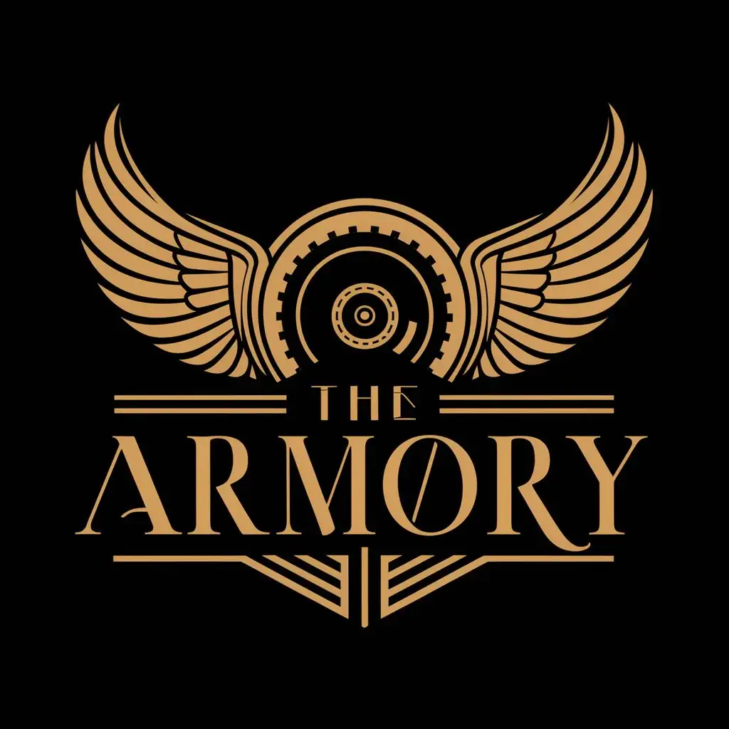 logo, Motorcycle Frontwheel with wings in an art deco vintage style, with the text "The Armory", typography, be used in Retail industry