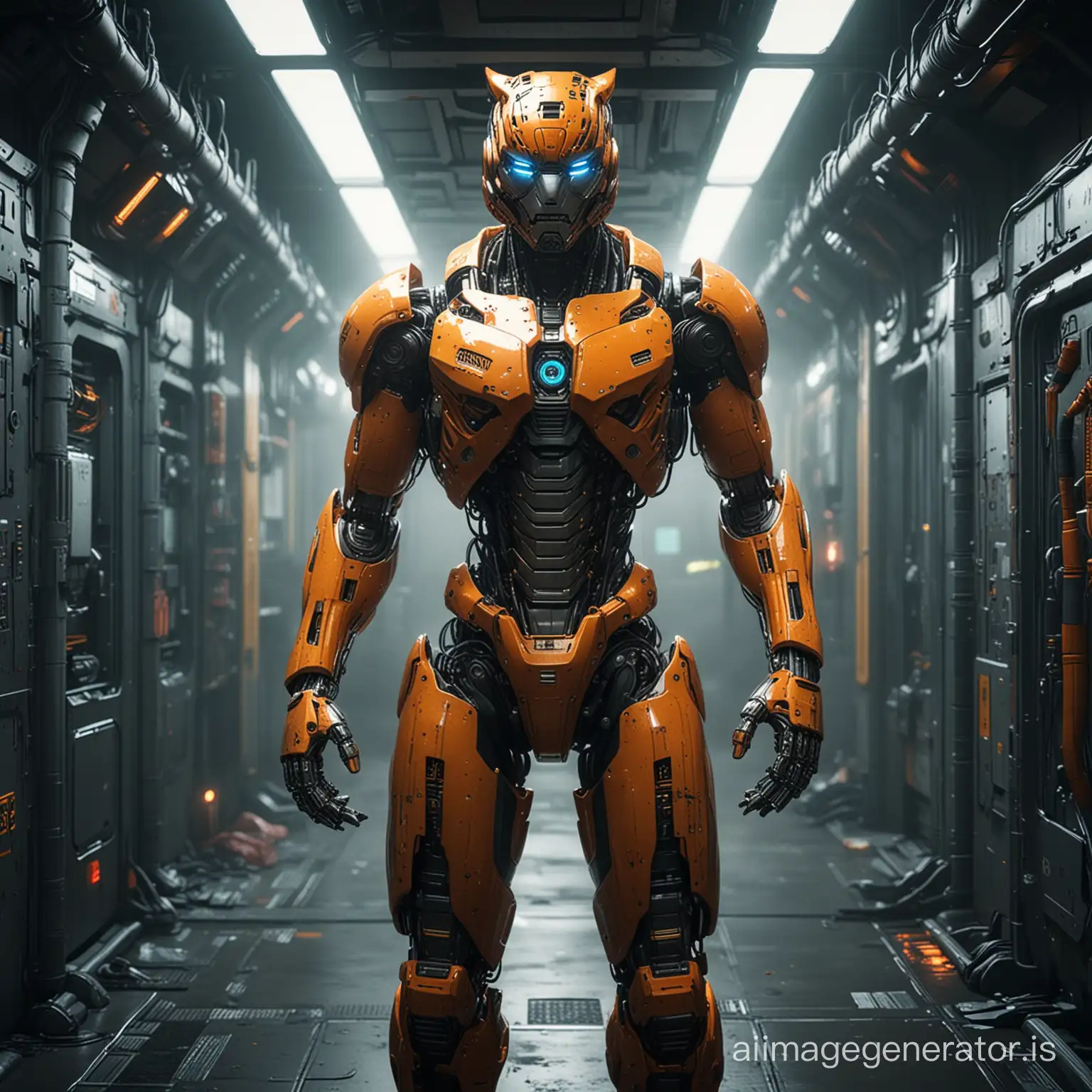 Image Ratio: Square (1:1)
Subject: a tiger
Stand: Dynamic Stand, Aggressive Stand
Mood: Futuristic
Outfit: a detailed metallic and orange robot body and head
Setting: a corridor richly equipped with computers, screens and technologic parts fixed on its walls
Added Details: multicolor diodes,
roof window opening,
closed door at the end of the corridor,
more intricate details in its robotic body,
a three-quarter view of its robotic body,
an enriched cyberpunk corridor environment,
natural and animalistic stance
Theme: Cyberpunk
Tone: Warm
Style: Futuristic
Genre: Sci-Fi, Cyberpunk
Atmosphere: Futuristic
Perspective: Frontal View
Lens: Wide-Angle
Composition: Central
Detailed: Digital, detailed robot parts
Lighting: Artificial, enriched dramatic lighting with god rays and fog effects, the scene appears to be lit with a combination of soft, diffuse lighting and sharper highlights to accentuate the metal parts' sheen
Technical Aspects: detailed, stylized, illustrative