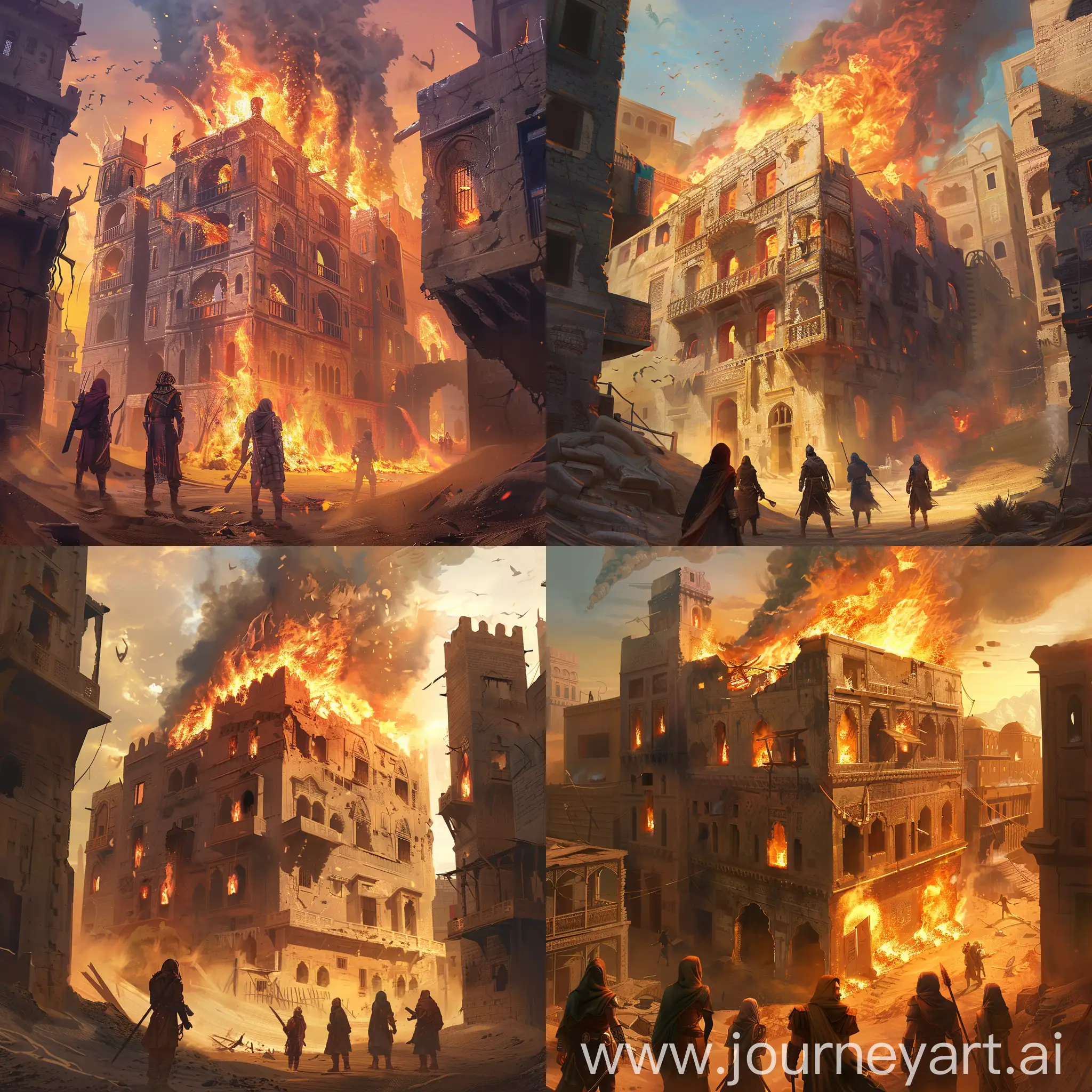 A burning building in desert slums next to other buildings with five adventurers watching it fantasy style