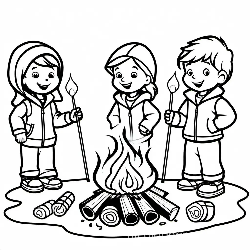 Kids roasting marshmallows over a campfire. , Coloring Page, black and white, line art, white background, Simplicity, Ample White Space. The background of the coloring page is plain white to make it easy for young children to color within the lines. The outlines of all the subjects are easy to distinguish, making it simple for kids to color without too much difficulty, Coloring Page, black and white, line art, white background, Simplicity, Ample White Space. The background of the coloring page is plain white to make it easy for young children to color within the lines. The outlines of all the subjects are easy to distinguish, making it simple for kids to color without too much difficulty