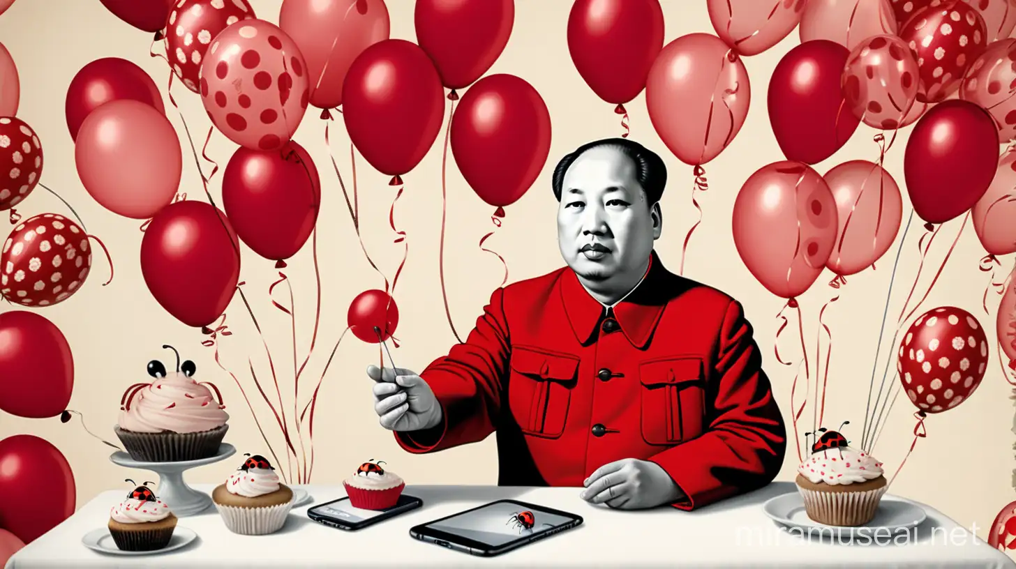Cellphone on Chairman Mao Zedong's hand scrolling through Facebook - happy birthday feel to the image- chairmans jacket could be a ladybug pattern and obviously balloons and cupcakes on the table. make the jacket mao wears lady bug pattern 
