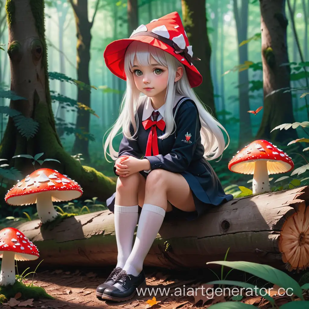 Enchanting-Forest-Scene-with-WhiteHaired-Girl-in-Fly-Agaric-Hat-and-School-Uniform