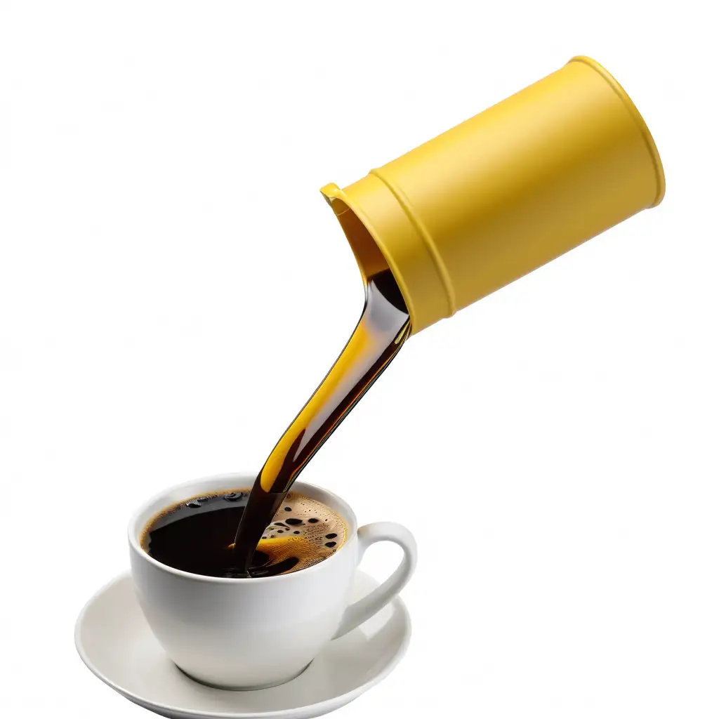 一个圆柱形的黄色的水桶流出棕色的液体到咖啡杯中，纯白色背景，无多余元素，简约风格，
