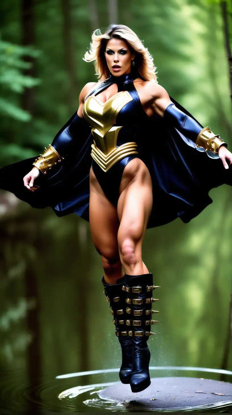  beautiful powerful supergirl who looks like chyna,  very muscular bodybuilder princesses who are ((flying, hovering, levitating above a pond in a forest)) . Flying hovering while using magical powers, wind blowing hair. wearing a black latex bodysuit showing legs, collar up. Puff sleeve bolero with collar up, black shiny thigh high stiletto boots with gold spikes, pvc sweetheart corset, wide gold belt, gold hoop earrings, statement gold necklace. Athletic body, slim waist. Very muscular thighs and muscular quads.showing tanned and muscular legs. Worlds biggest bodybuilders, steroids, hoop earrings.  gold spiked gauntlets