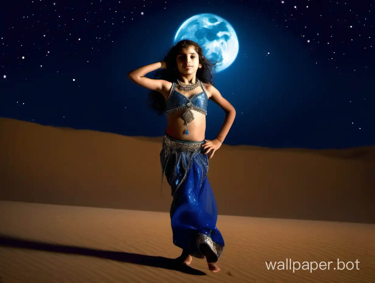 Arab girl, 12 years old, in a belly dance costume, walks in the Arabian desert at night under the moon