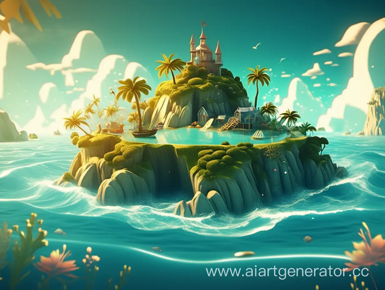 cartoon style, 8k, "In the middle of the sea a magical island. 
