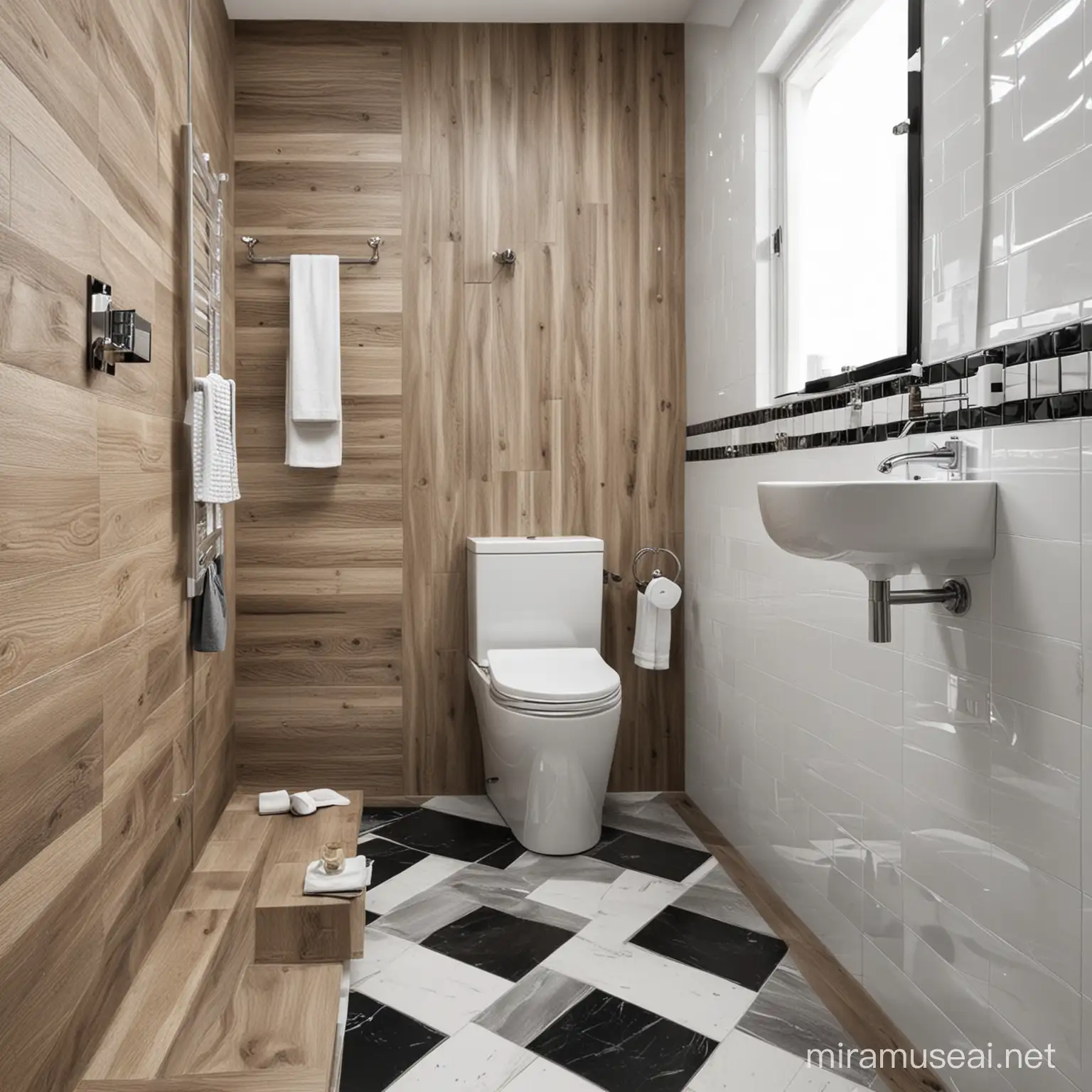 mansarde little bathroom with wood tiles on the walls, with black and white tiles on the floor, with white and grey tiles on the walls also