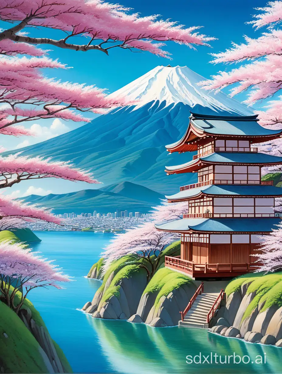 Tranquil-Ghibli-Anime-Scene-Japanese-House-Overlooking-Mount-Fuji-and-Cherry-Blossoms