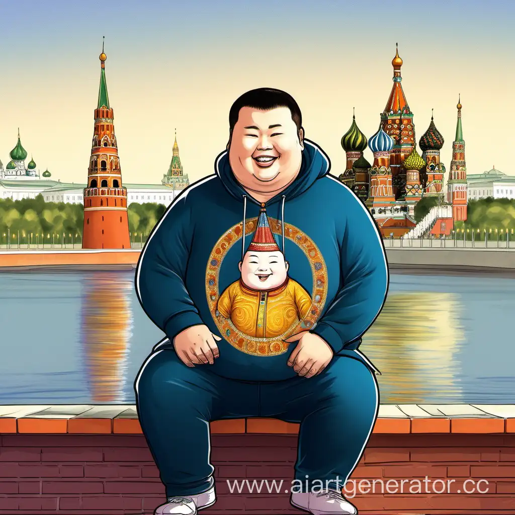 Smiling-Buryat-Man-in-Rhinestone-Zip-Hoodie-Sitting-in-Tandoor-at-Kremlin-Background