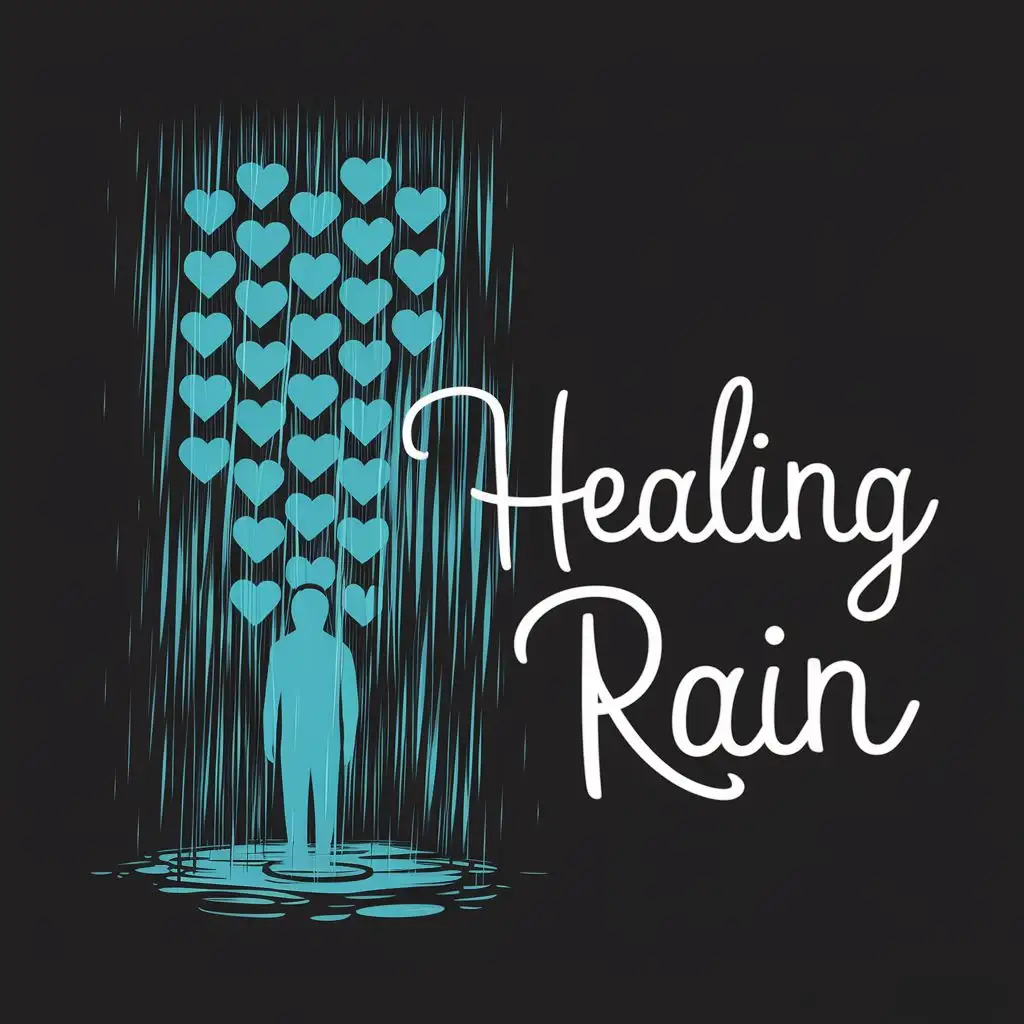 A striking 2D flat design for a t-shirt, featuring a silhouette of a person standing in the rain. The raindrops are shaped like hearts, symbolizing memories or emotions. The overall design represents the healing process after a breakup, as the rain washes away the pain of lost love. The typography is minimalistic and elegant, with the phrase "Healing Rain" written in a cursive font. The design is perfect for a poster, illustration, or typography piece.