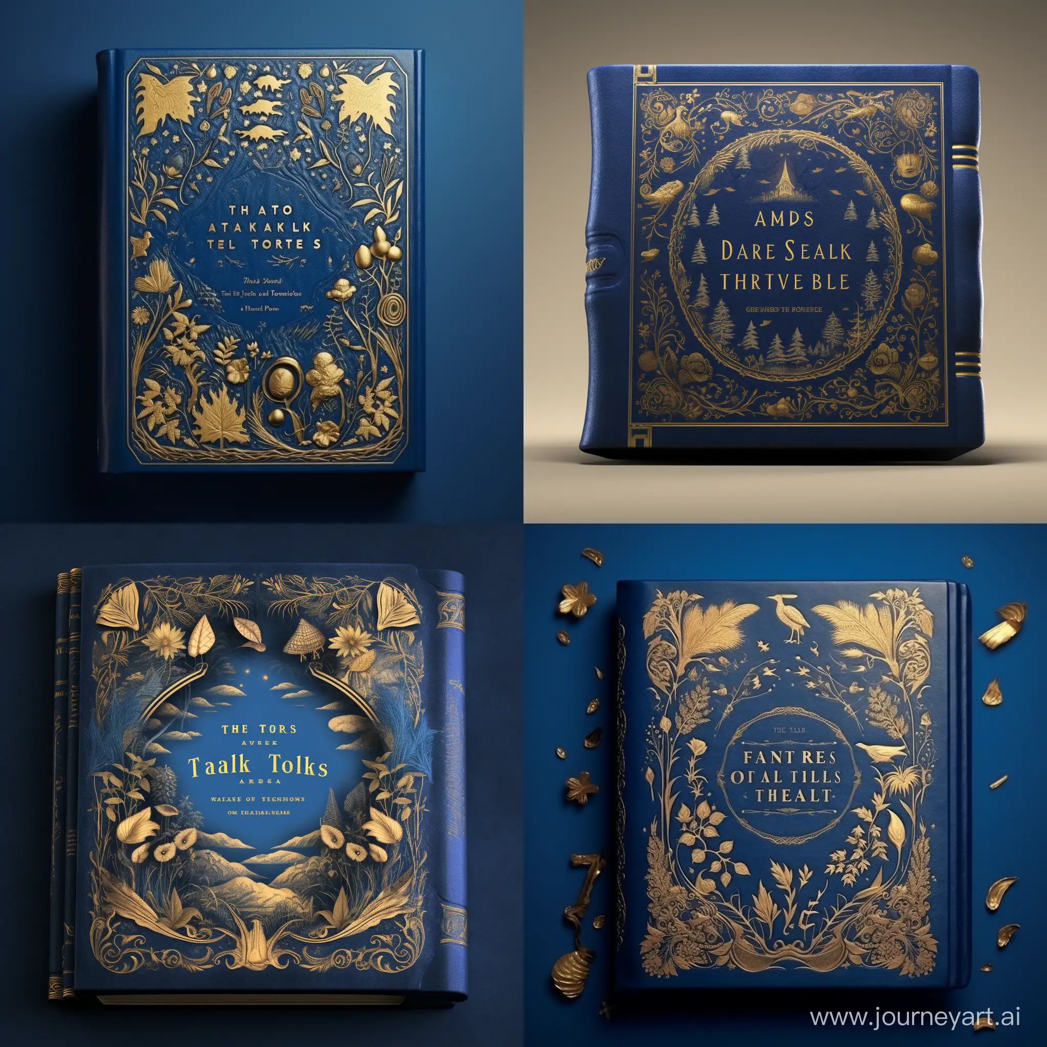 draw a magic book of fairy tales, a worn bright blue leather cover with gold lettering, in the middle the inscription "Fairy Tales" and a landscape of a winter forest, on the edges of the book golden plant and animal patterns
