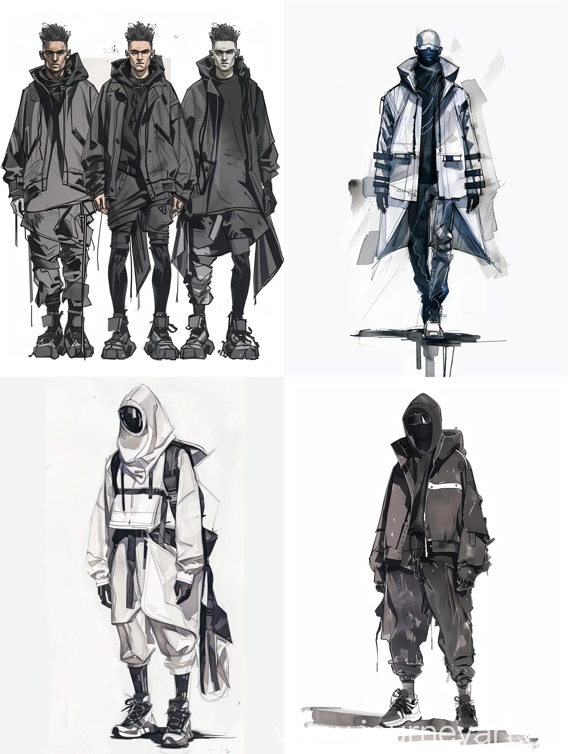 futuristic male streetwear fashion runway sketches minimalist illustration

