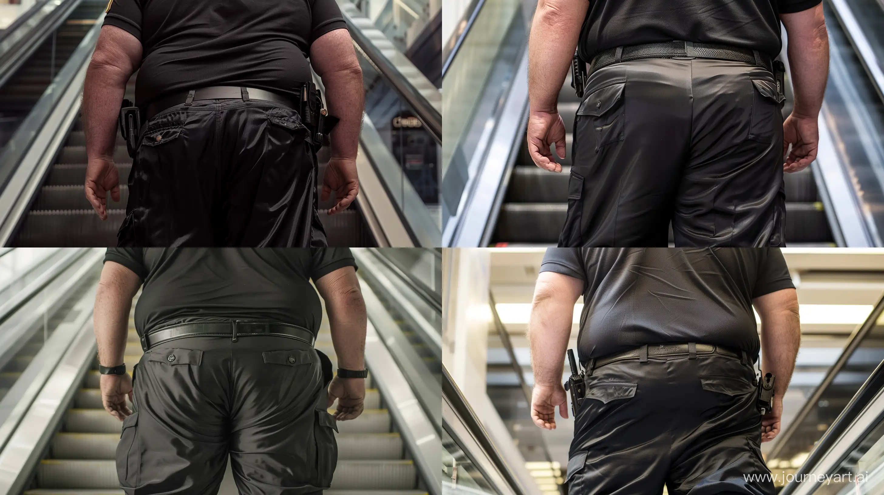 Back view close-up photo of a fat man aged 60 wearing tight silk black security guard battle pants and a tucked in silk black polo shirt. Black tactical belt. Counterpoise. Escalator. Natural light. --ar 16:9