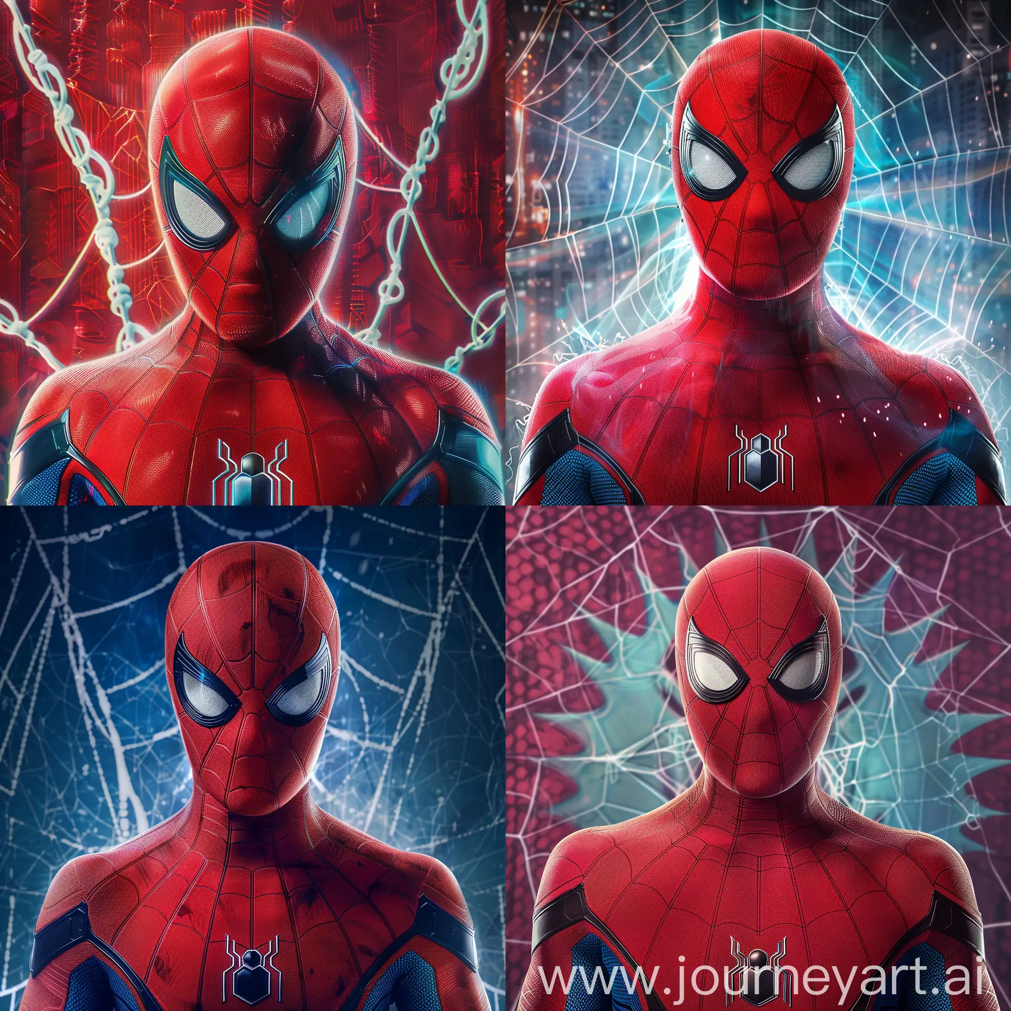 8k Cinematic movie poster , spider-man  advanced red and blue  suit white long spider symbol with MCU Spider-Man mask is a red mask with too small very short mechanical movable eyelenses , web patterns.