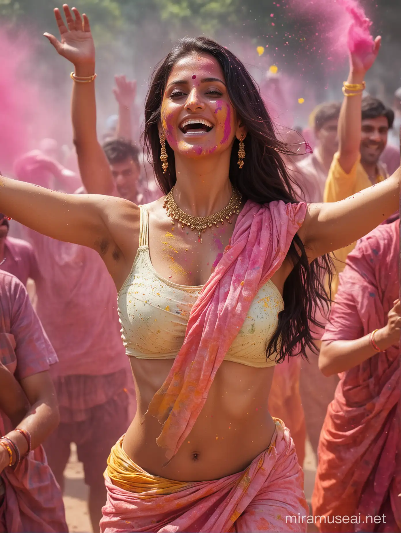 Ava addams,An Indian woman adorned in an offwhite saree having hairy armpits,sleeveless blouse with big breast showing hairy armpits, her figure accentuated by the flowing fabric as she confidently participates in the vibrant festival of Holi. Surrounded by a group of men, they engage in the playful tradition of throwing colors at each other, their laughter filling the air. The woman's long, dark hair cascades down her back, drawing attention to her glowing skin as she playfully dodges and catches colorful powders and water balloons. Her eyes sparkle with amusement and confidence as she teases the men around her, her movements graceful and alluring. The men, equally entranced by her beauty and playful demeanor, continue to shower her with colors, their laughter and joy infectious. In the background, the bright hues of Holi colors paint the scene, creating a vibrant contrast against the otherwise neutral tones of the woman's attire. The image captures the essence of Holi, a festival of love, color, and unity, while also highlighting the alluring beauty and empowered femininity of the Indian woman at its center.