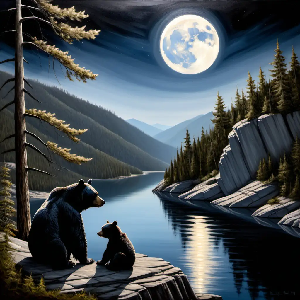  oil painting of black bear and cub sitting in front of full white moon on cliff with forest, lake, clear sky, no clouds and mountains