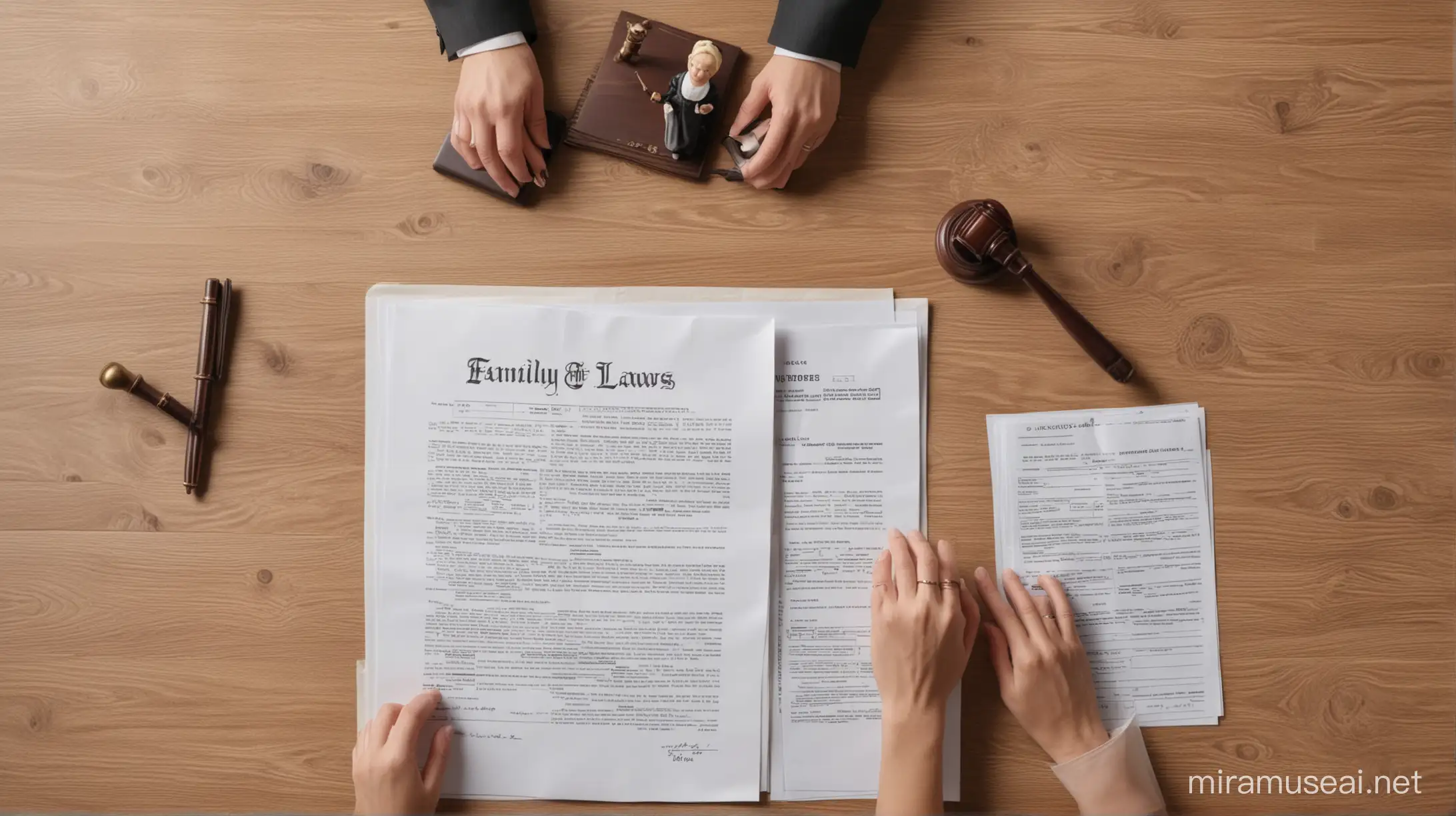 Family Laws and divorce; woman with wedding ring and judge gavels reading documents, top view