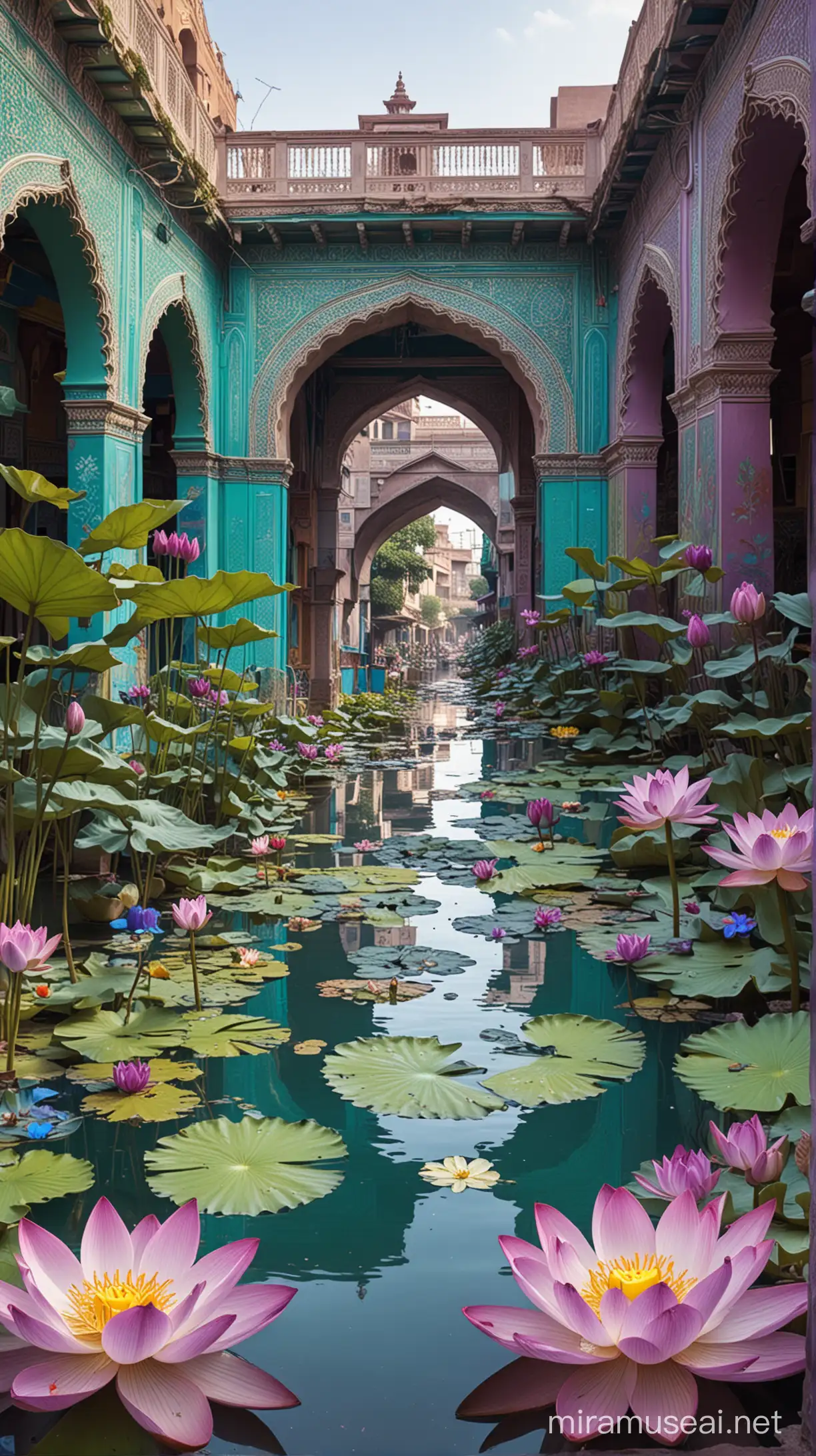 futuristic scenery, psy-electronic,colorfully abundant, lotus and african pattern, several layers, all colours, turquoise, purple, green, white, yellow, hip hop style, benares court and river ghats, mughal scenario and arches, water lilies, colorful, psychedelic, hyperrealistic, pastel colors on walls wearing off, background blurred
