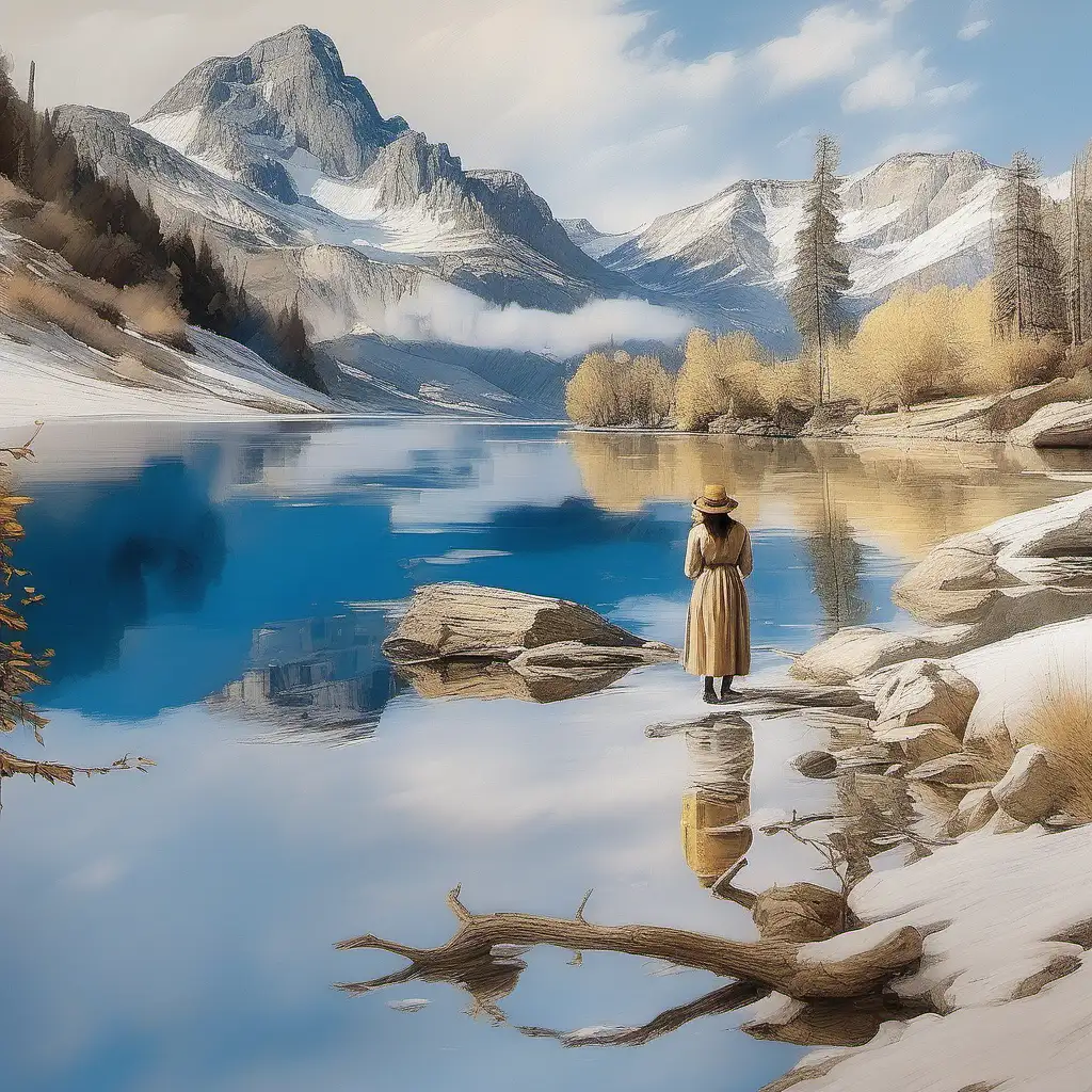 Serene Woman Admiring Lake in Oil Painting