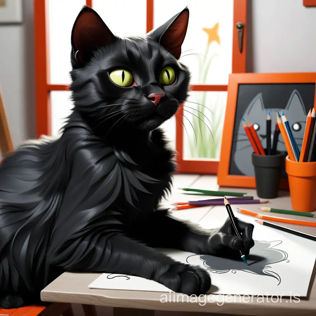 A black cat draws a picture