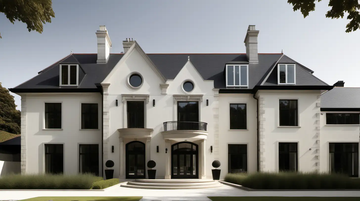 a modern classic and contemporary style hotel-like large home exterior; ivory, black, oak, limestone;

