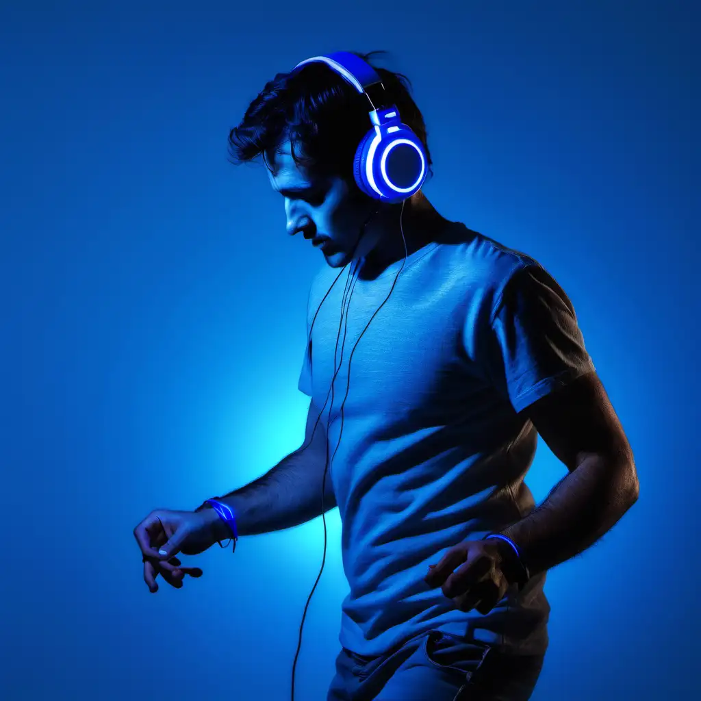 man dancing in blue light wearing small 
headphones and walkman stereo
