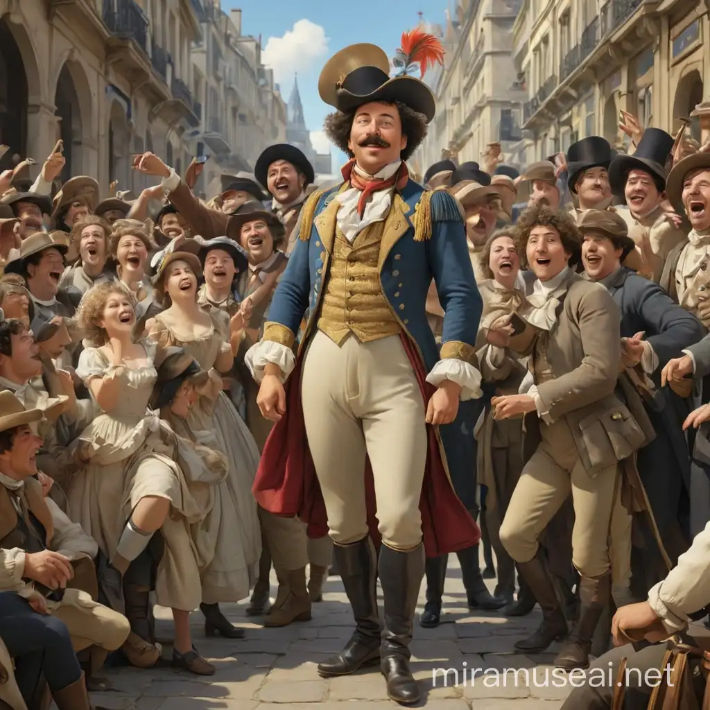many joyful people look up at their idol alexandre dumas. we can see these people in full growth, every legs and every hands. 19th century French clothing in public.  In realism style, 3d-animation