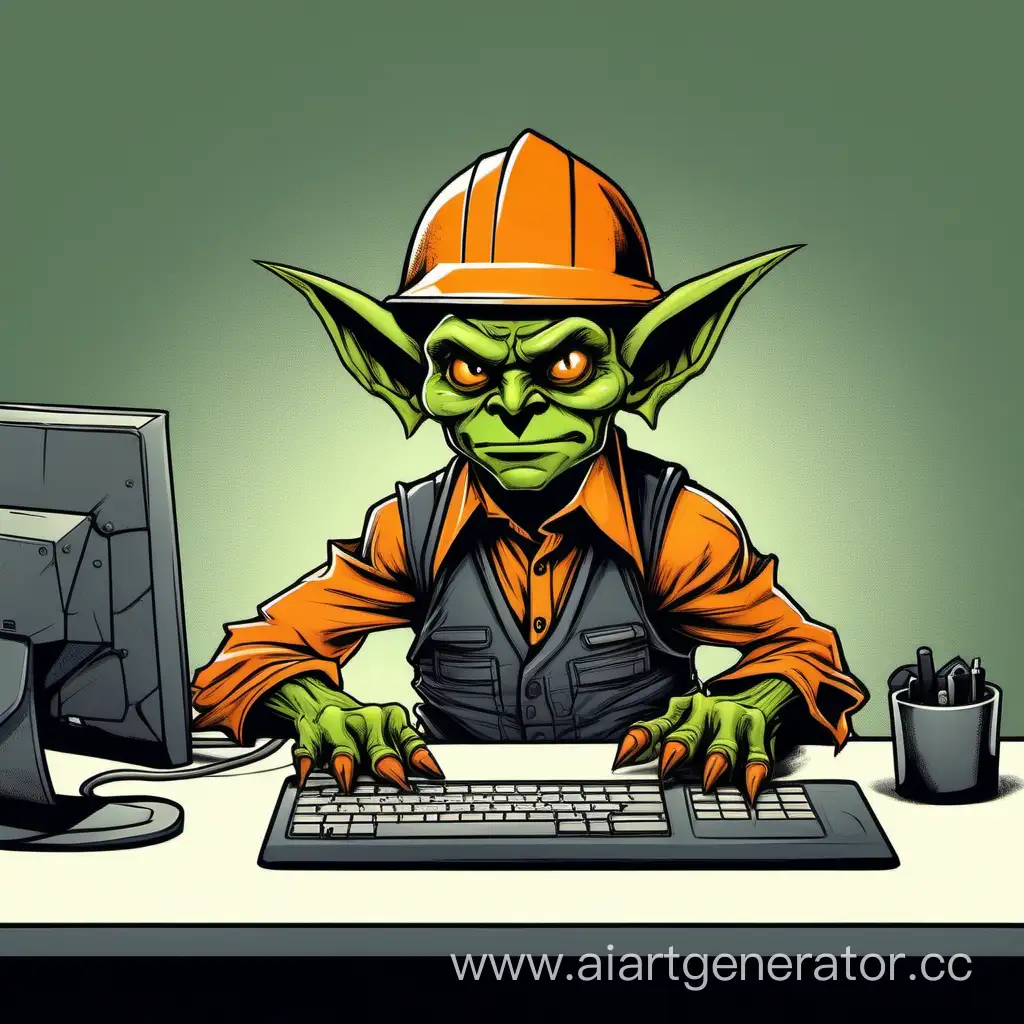 A cartoon goblin near the computer, sullen in an orange construction helmet